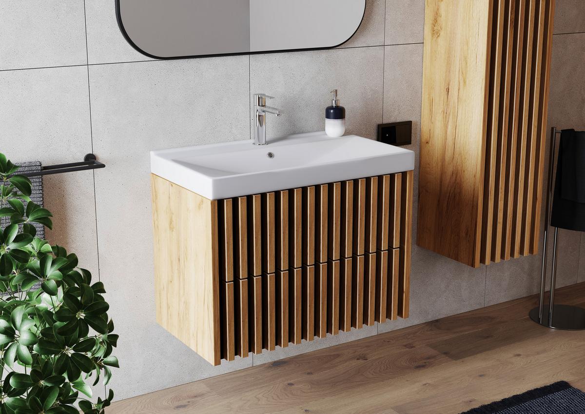 Dulap mediu Line - auriu/culoare lemn stejar, Modern, material pe bază de lemn (35/125/36cm) - Welnova