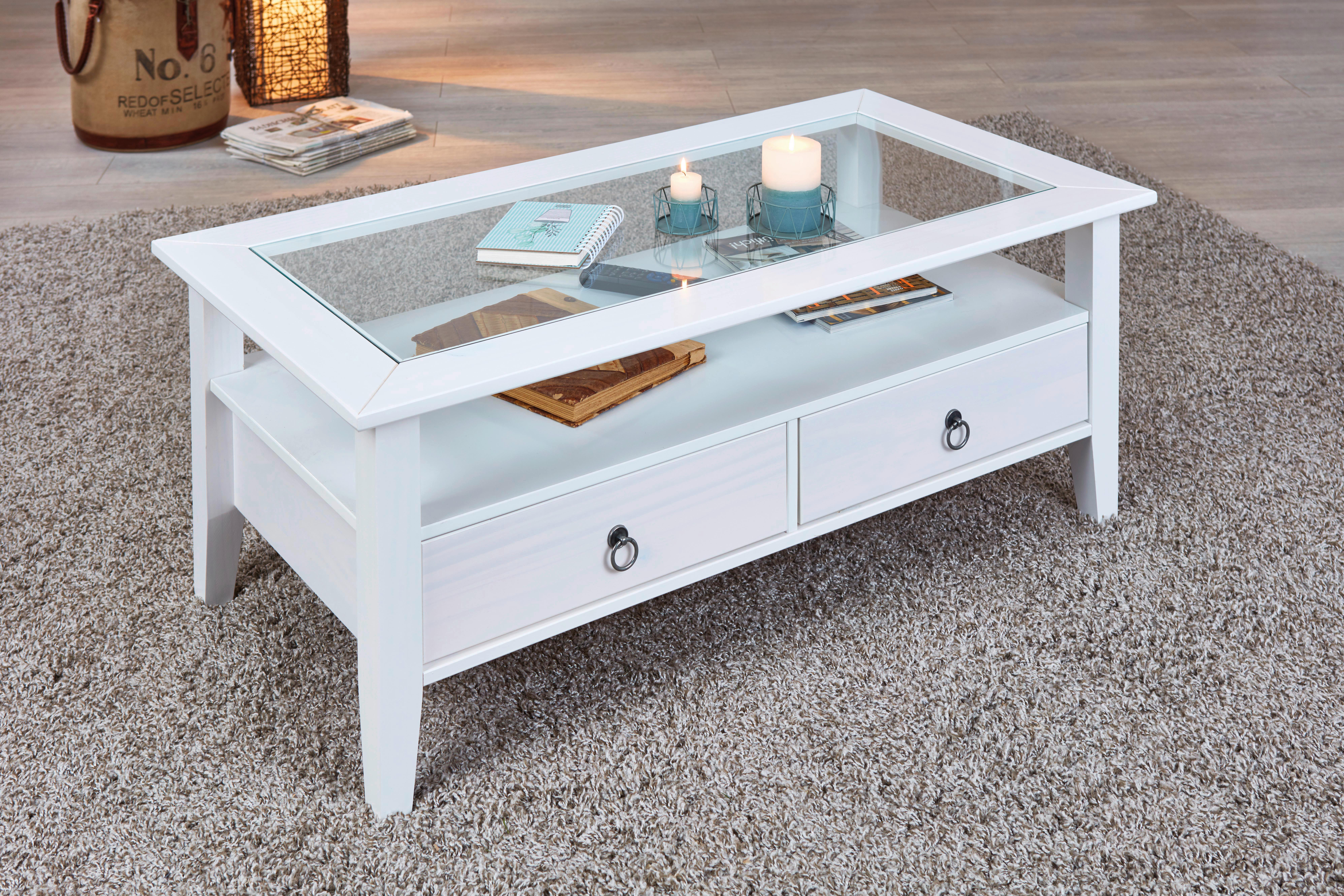 Couchtisch Provence ca. 115x60cm Kiefer Weiß - Schwarz/Weiß, MODERN, Glas/Holz (115/60/45cm) - Livetastic