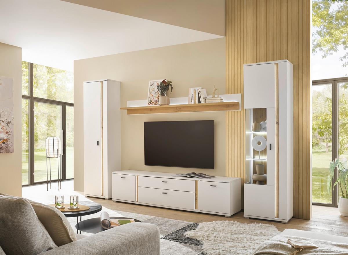 WOHNWAND LONG ISLAND - Eiche Wotan/Silberfarben, Design, Glas/Holzwerkstoff (330/200/42cm) - MID.YOU