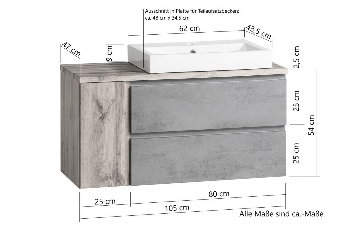 Waschtischkombi Varese ca. 105x65,5x47 cm Eiche/Weiß - Eiche Wotan/Weiß, MODERN, Keramik/Holzwerkstoff (105cm) - Held