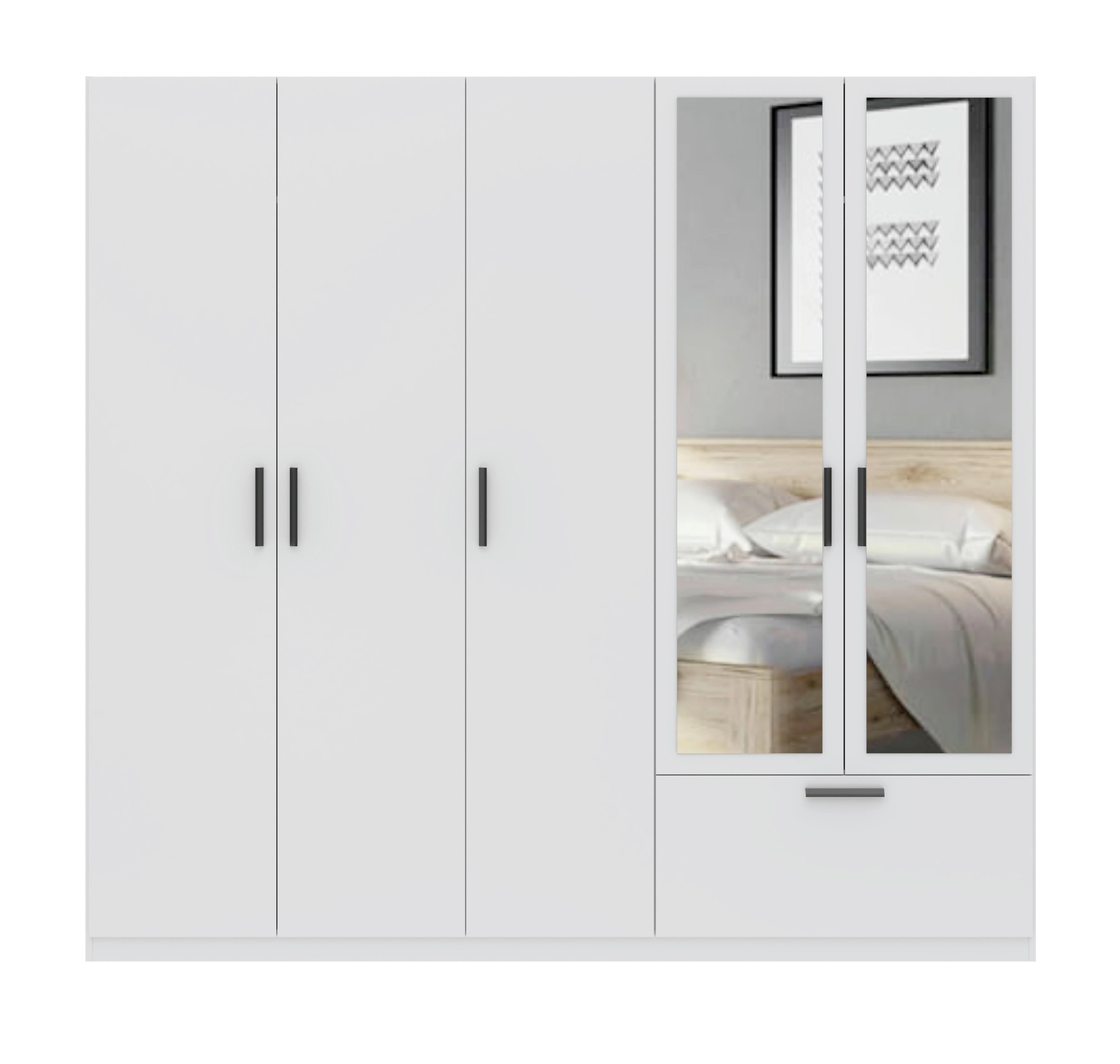 GARDEROB MED GÅNGJÄRNSDÖRRAR MILOS 5T1S2S - vit/svart, Modern, trämaterial/glas (225/210/54cm) - Mömax