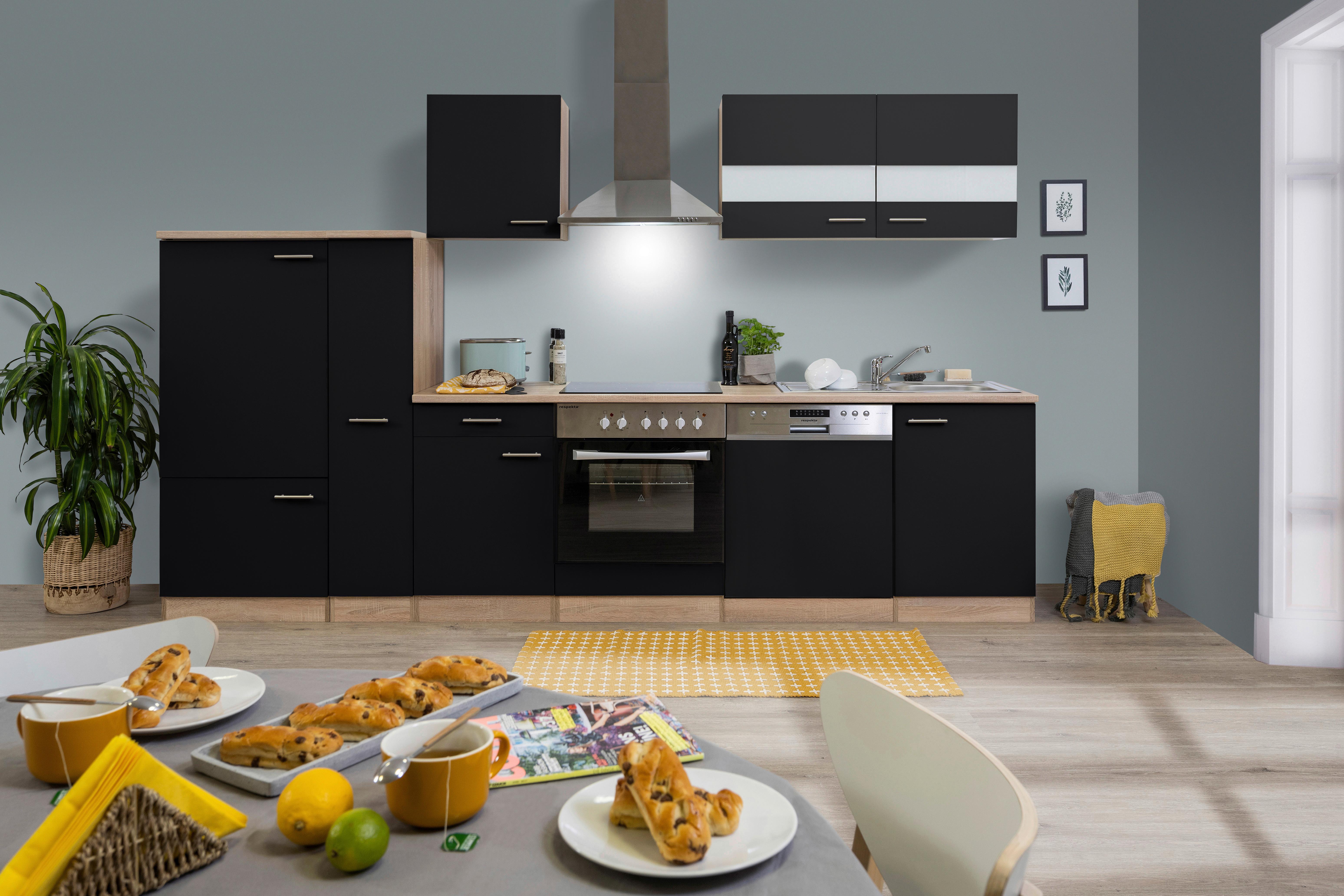 Küchenleerblock LBKB310ESS Schwarz/Eiche ca. 310 cm - Edelstahlfarben/Eichefarben, Basics, Holzwerkstoff/Metall (310cm) - Respekta