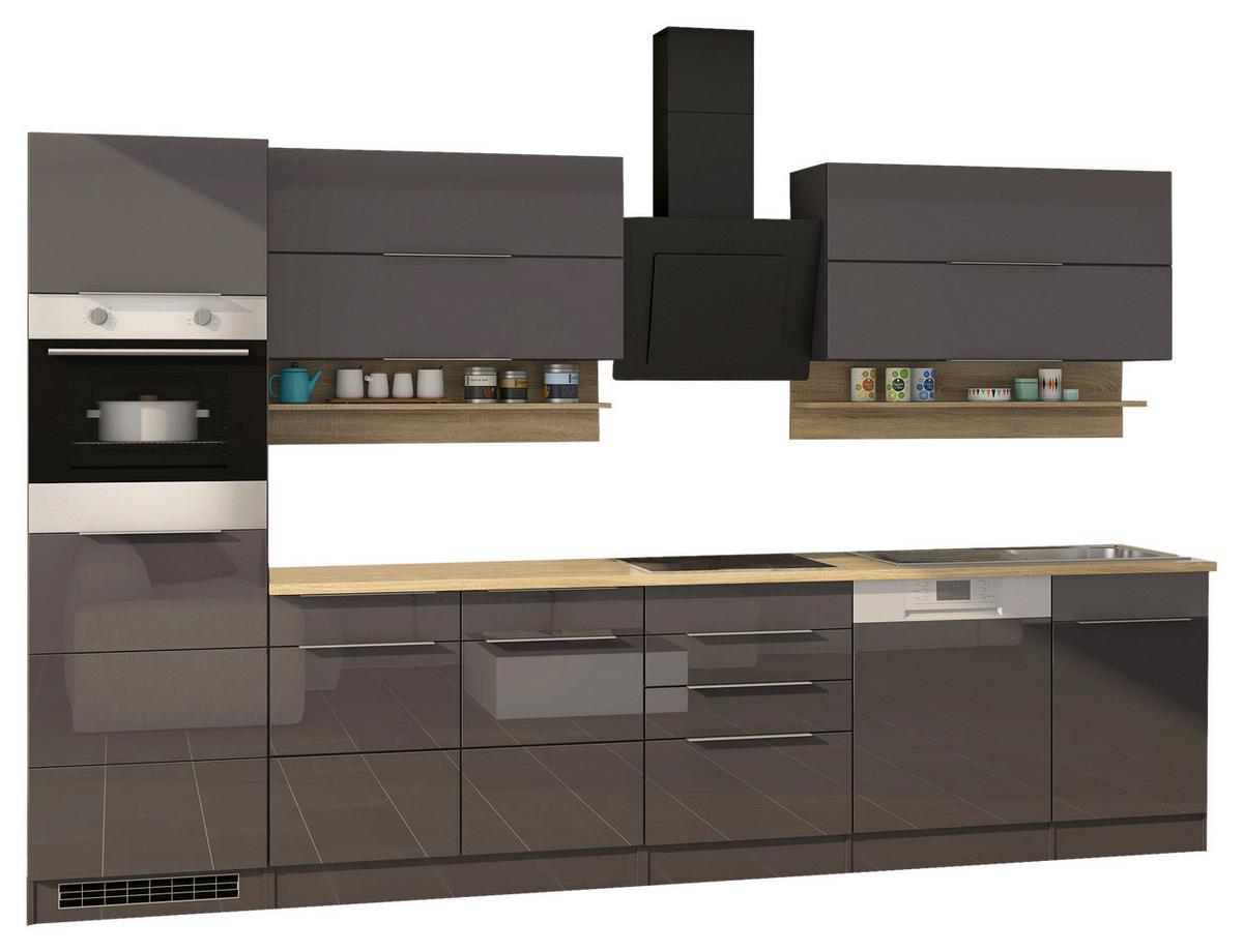 Küchenblock Neapel II Grau Hochglanz/Eichefarben - Grau Hochglanz/Alufarben, MODERN, Holzwerkstoff/Metall (330cm) - Held