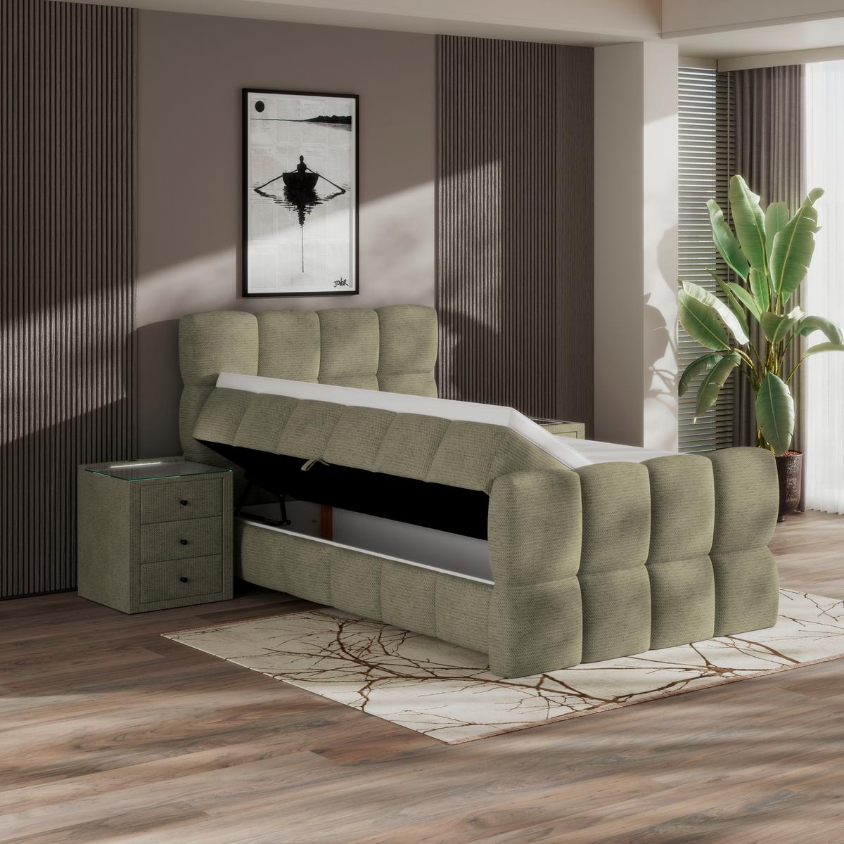 Postelja Boxspring Brisbane, Zelena, 140x220 - črna/zelena, Trend, kovina/umetna masa (140/220cm) - Premium Living