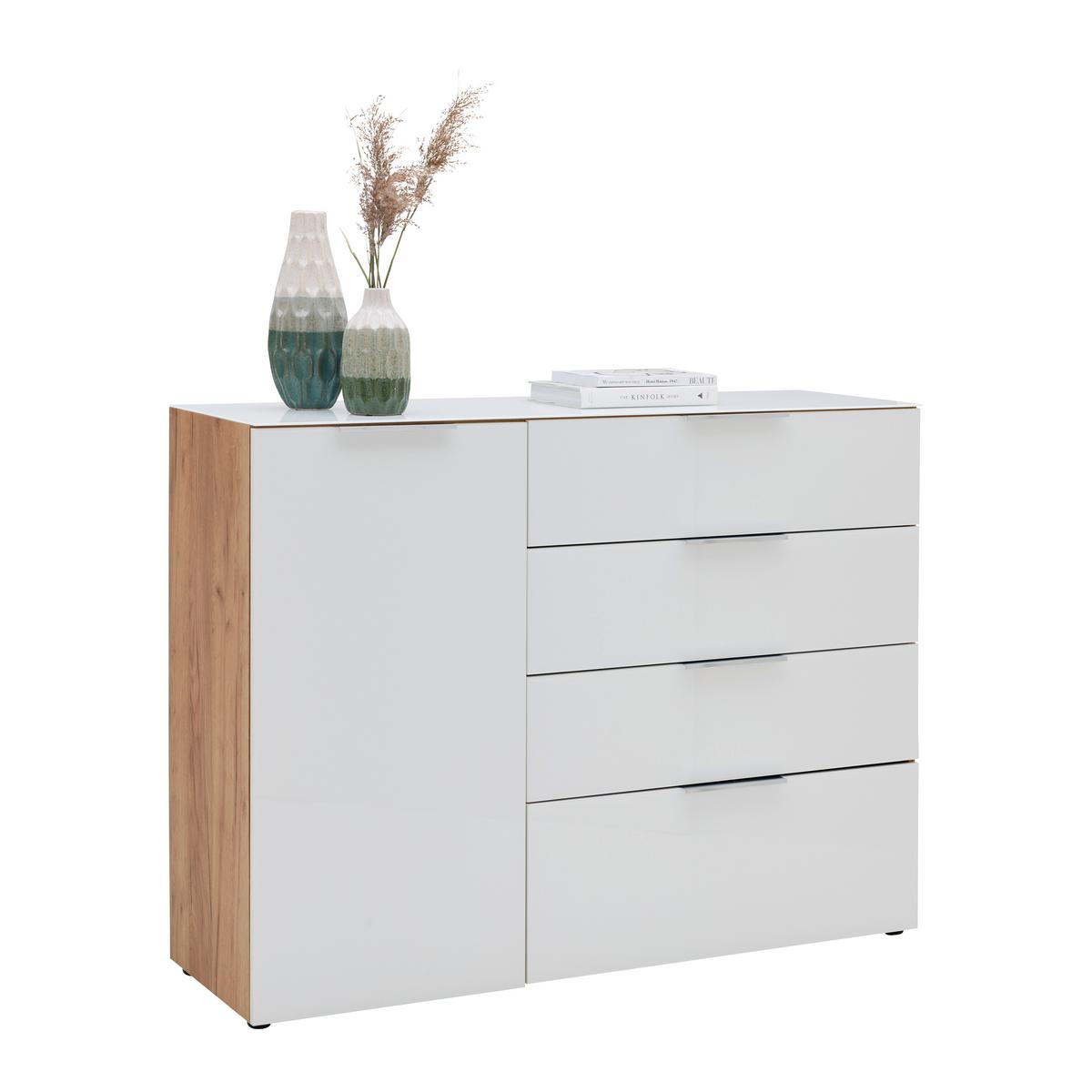 Sideboard Oakland in Weiß/Eichefarben - Chromfarben/Eichefarben, MODERN, Glas/Holzwerkstoff (134/102/42cm) - Premium Living
