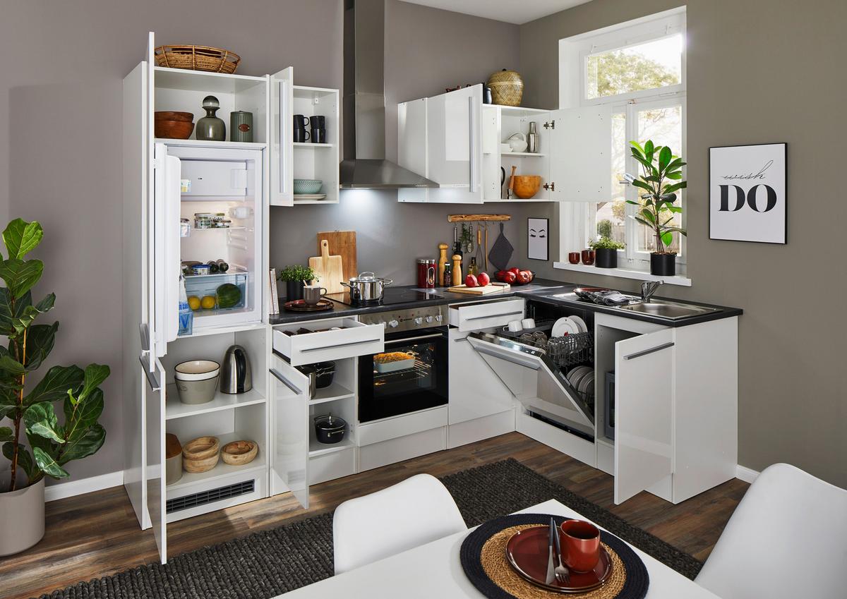 Eckküche Jazz mit Geräten ca.280x175cm Weiß Hochglanz - Weiß Hochglanz/Dunkelgrau, LIFESTYLE, Holzwerkstoff/Kunststoff (280/175cm) - P & B