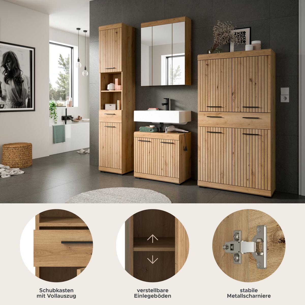 Badezimmer Scout Eiche Artisan 4-teilig - Schwarz/Eiche Artisan, Trend, Glas/Holzwerkstoff (171cm) - MID.YOU