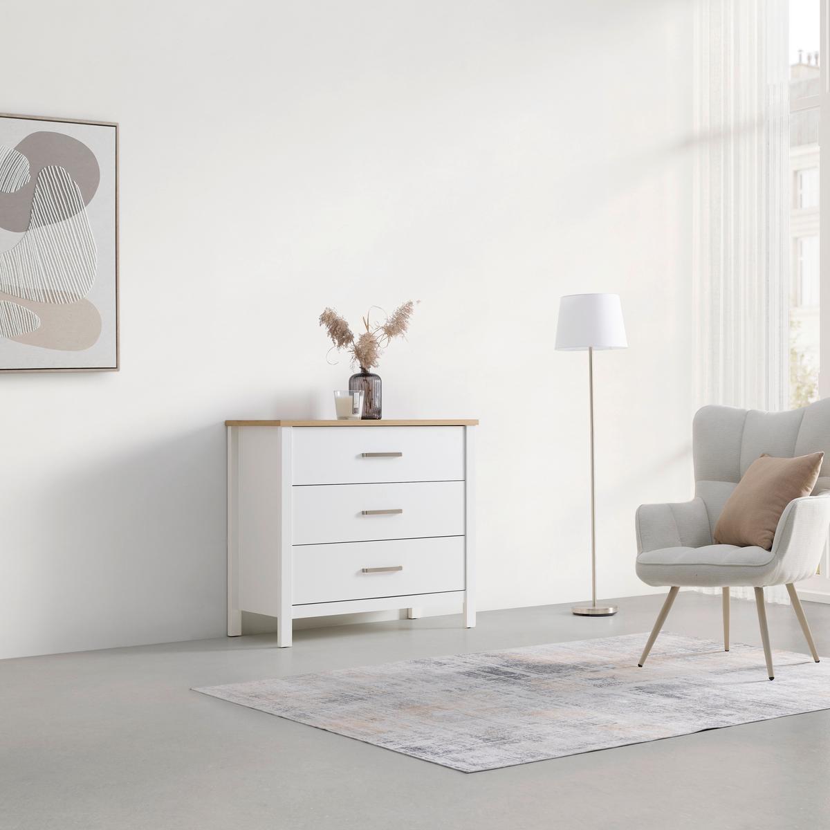 Kommode Sicilia Weiß/Eiche - Silberfarben/Weiß, ROMANTIK / LANDHAUS, Holzwerkstoff/Metall (103/92/45cm) - Mömax