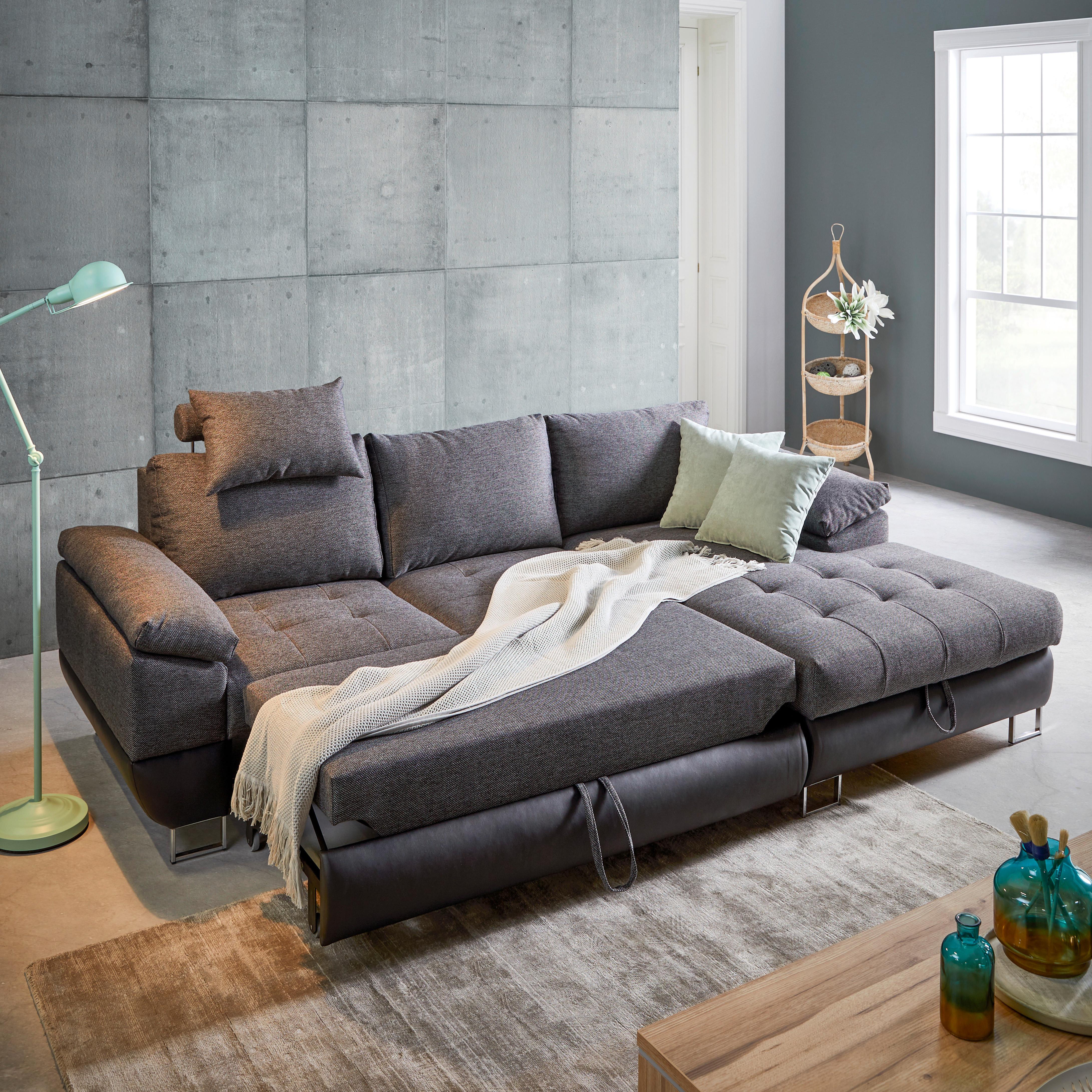 canapé d'angle in Grau mit Bettfunktion - Chromfarben/Dunkelgrau, Konventionell, Kunststoff/Textil (268/91/170cm) - Mömax