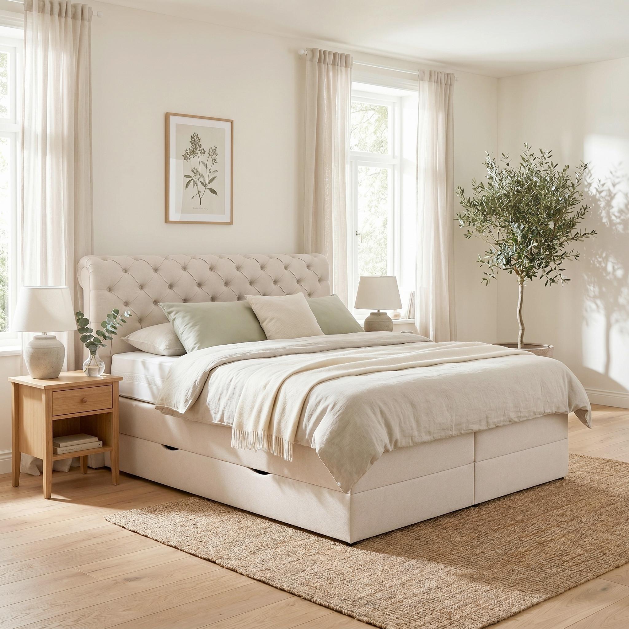 Boxspringbett Belano Creme ca. 200x200cm - Creme, KONVENTIONELL, Holz/Holzwerkstoff (200/200cm) - Premium Living