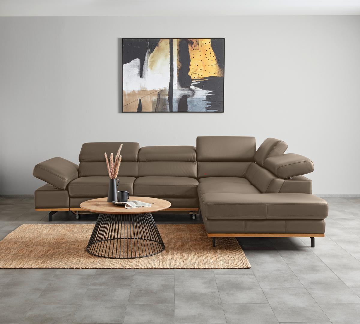 Wohnlandschaft Carmen rechts Haselnussfarben - Haselnussfarben/Schwarz, MODERN, Leder/Holz (292/72/226cm) - Premium Living