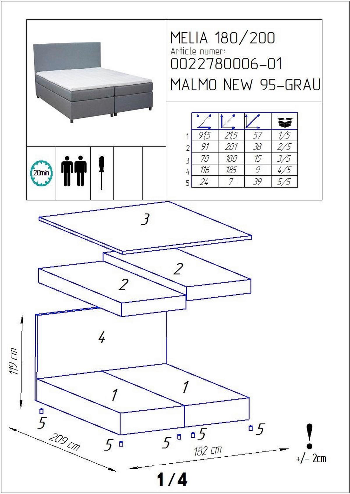 Boxbett Melia Grau ca. 180x200 cm mit Topper - Schwarz/Grau, MODERN, Holz/Holzwerkstoff (180/200cm) - Bessagi Home
