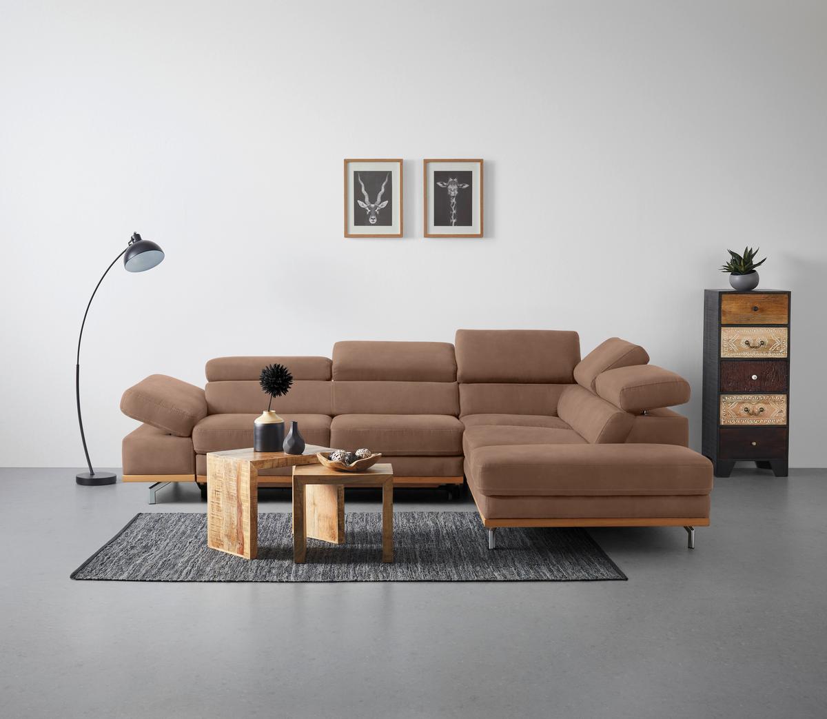 Wohnlandschaft Carmen in Braun mit Bettfunktion - Chromfarben/Braun, KONVENTIONELL, Holz/Textil (292/93/226cm) - Based
