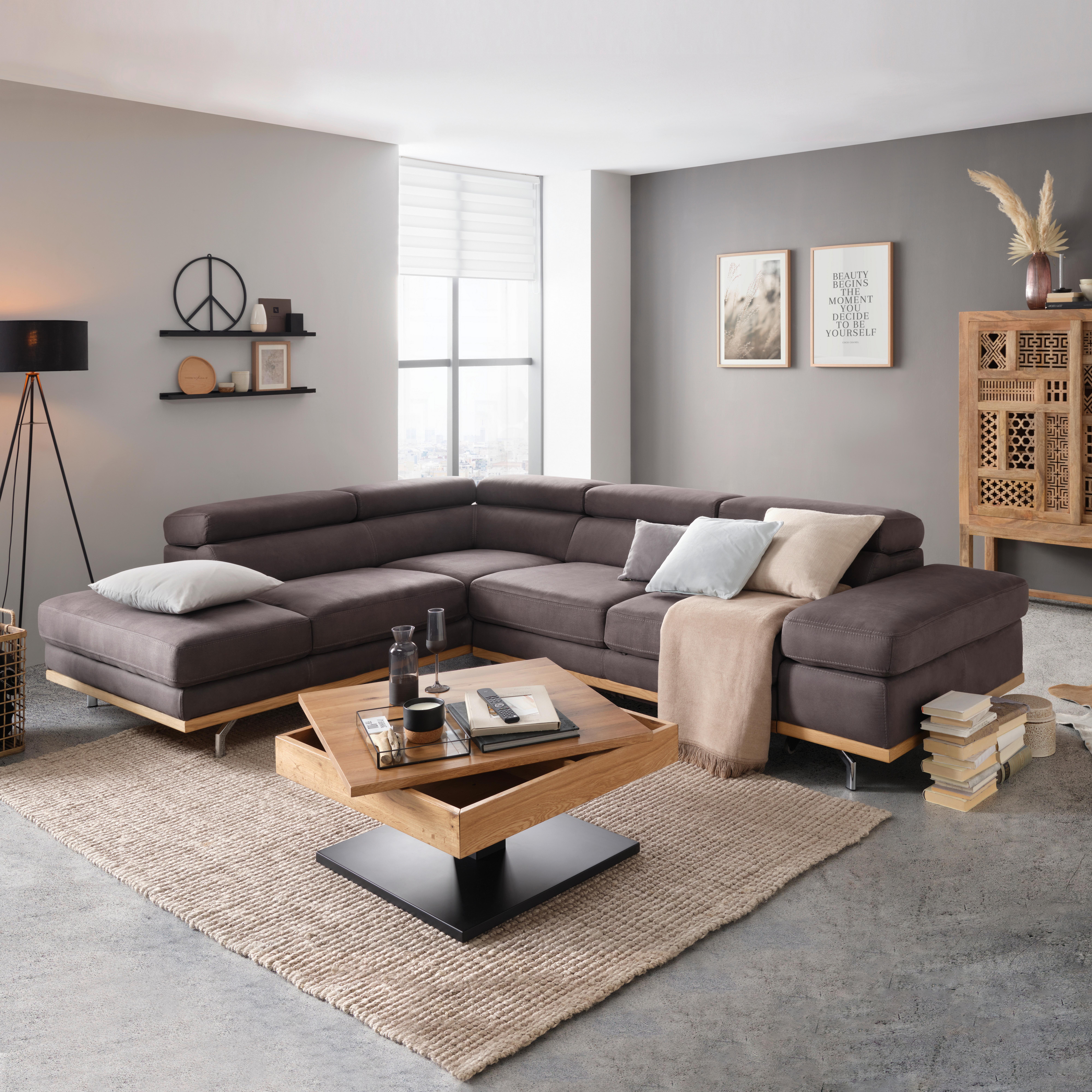 Ecksofa in Dunkelgrau mit Bettfunktion - Platinfarben/Chromfarben, Konventionell, Holz/Textil (292/93/226cm) - Premium Living