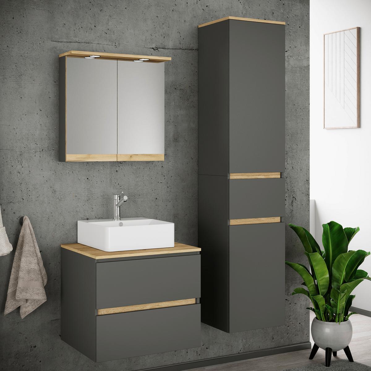 Badezimmer Cosila - Honigeiche/Weiss, Trend, Keramik/Holzwerkstoff (90cm) - MID.YOU