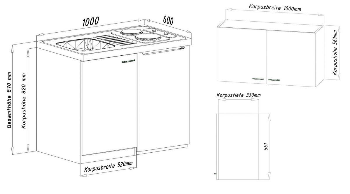Miniküche Weiß m. Spüle Cerank ochfeld Kühlschr. B: ca. 100cm - Weiß, MODERN, Holzwerkstoff/Kunststoff (100cm) - Respekta