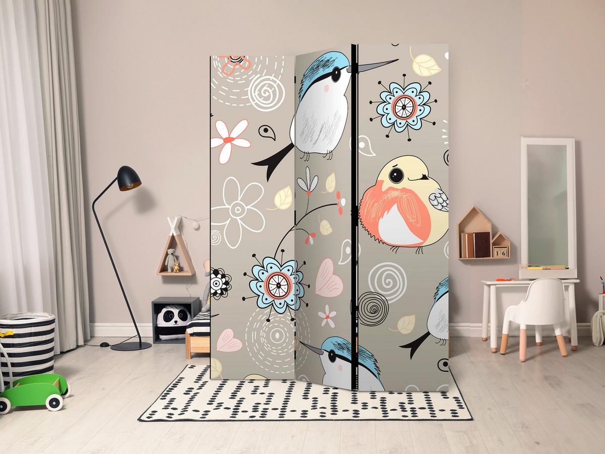 Paravan Natural Pattern With Birds, 3-Delni, Dvostranski - večbarvno, Basics, tekstil/les (135/172/3cm) - artgeist