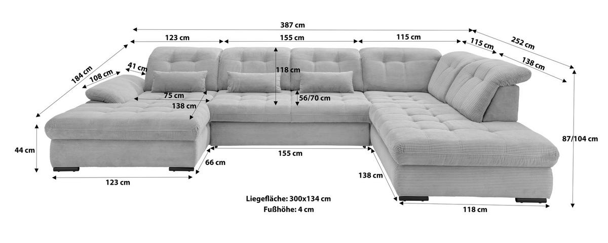 Wohnlandschaft Rigatti Grau Cord mit Bettkasten - Schwarz/Grau, MODERN, Textil/Metall (252/387/184cm) - Livetastic