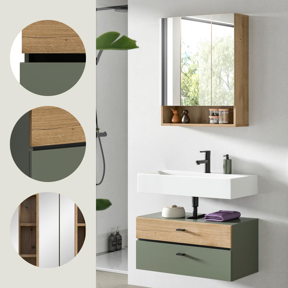 Badezimmer AQUA Grün, Eichefarben 2-teilig - Eichefarben/Schwarz, Trend, Glas/Holzwerkstoff (75cm) - MID.YOU