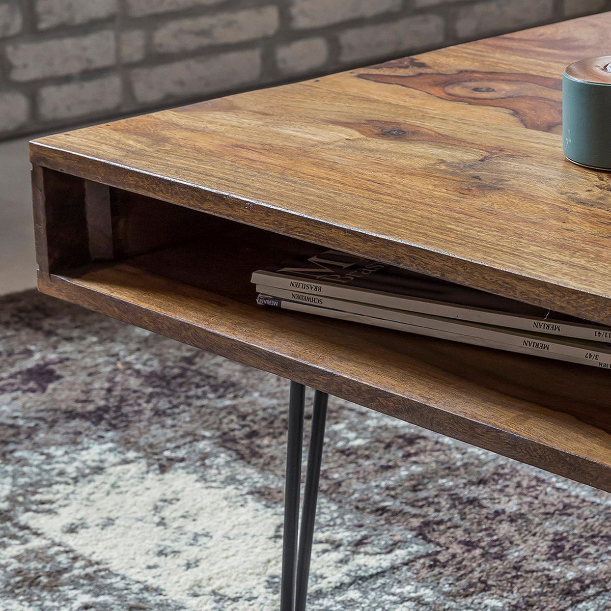 Couchtisch Bagli ca. 117x60 cm Sheesham massiv - Sheeshamfarben/Schwarz, Design, Holz/Metall (117/60/40cm) - MID.YOU
