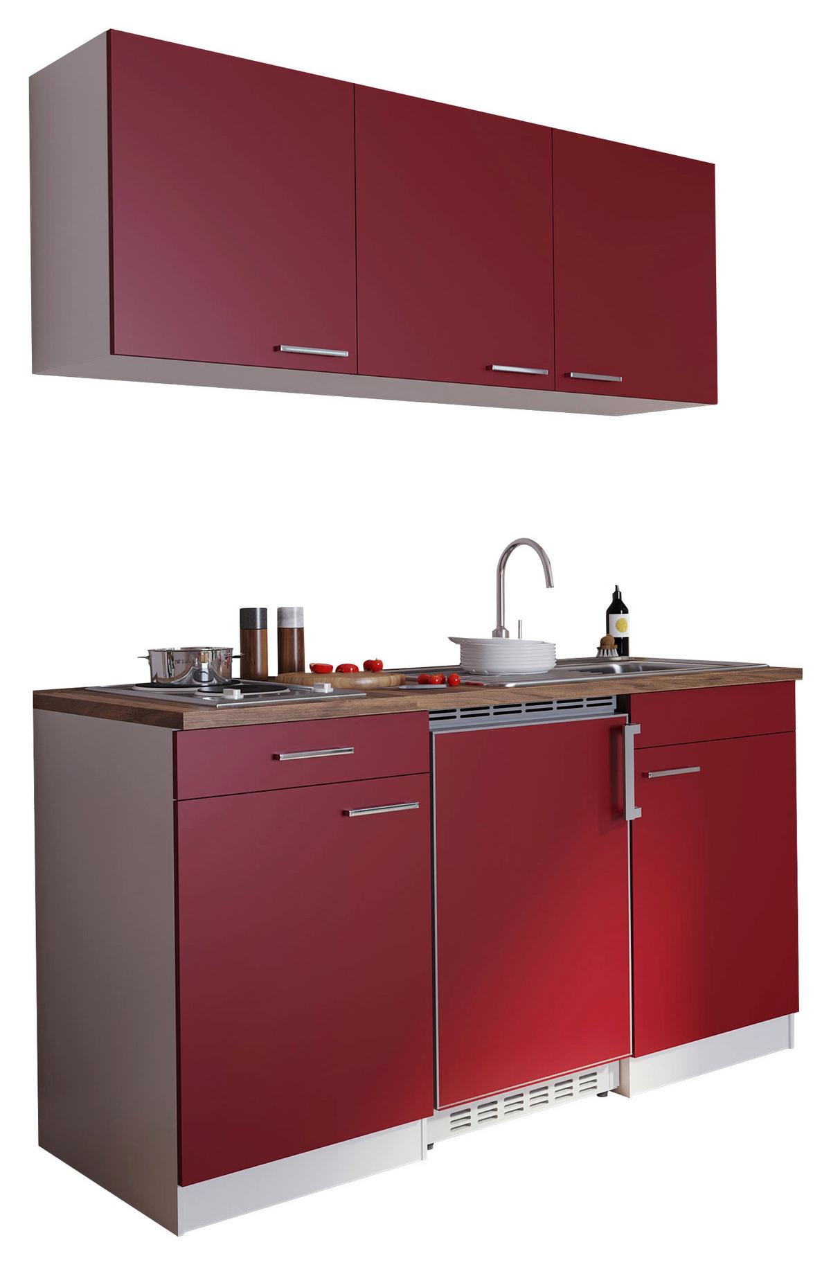 Miniküche Economy m. Geräten Rot B: ca. 150 cm - Edelstahlfarben/Rot, Basics, Holzwerkstoff/Kunststoff (150cm) - Respekta