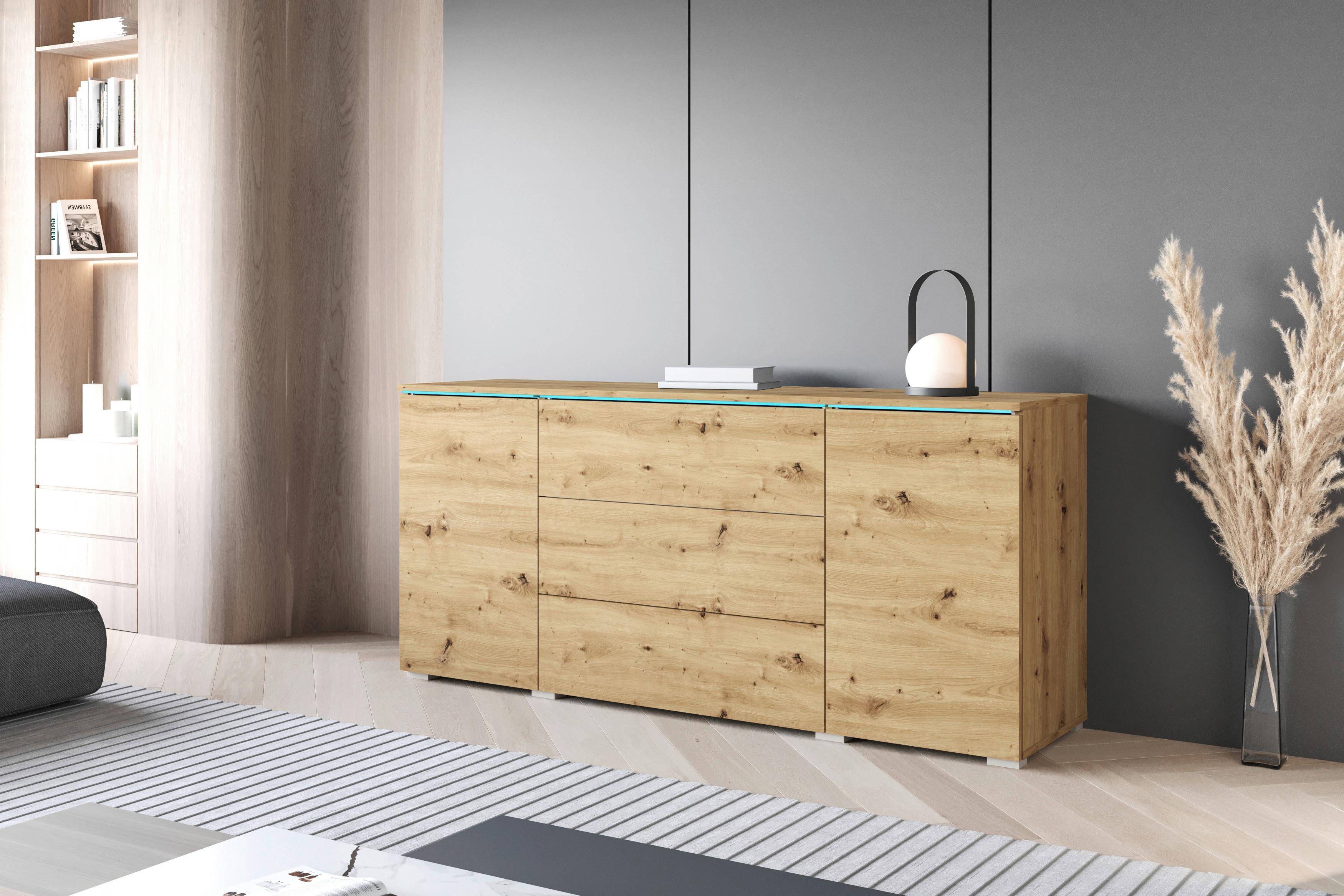 Sideboard Vera mit LED ca. 150 cm Eiche Artisan - Eiche Artisan/Grau, Basics, Holzwerkstoff/Kunststoff (150/67,9/39,5cm) - P & B