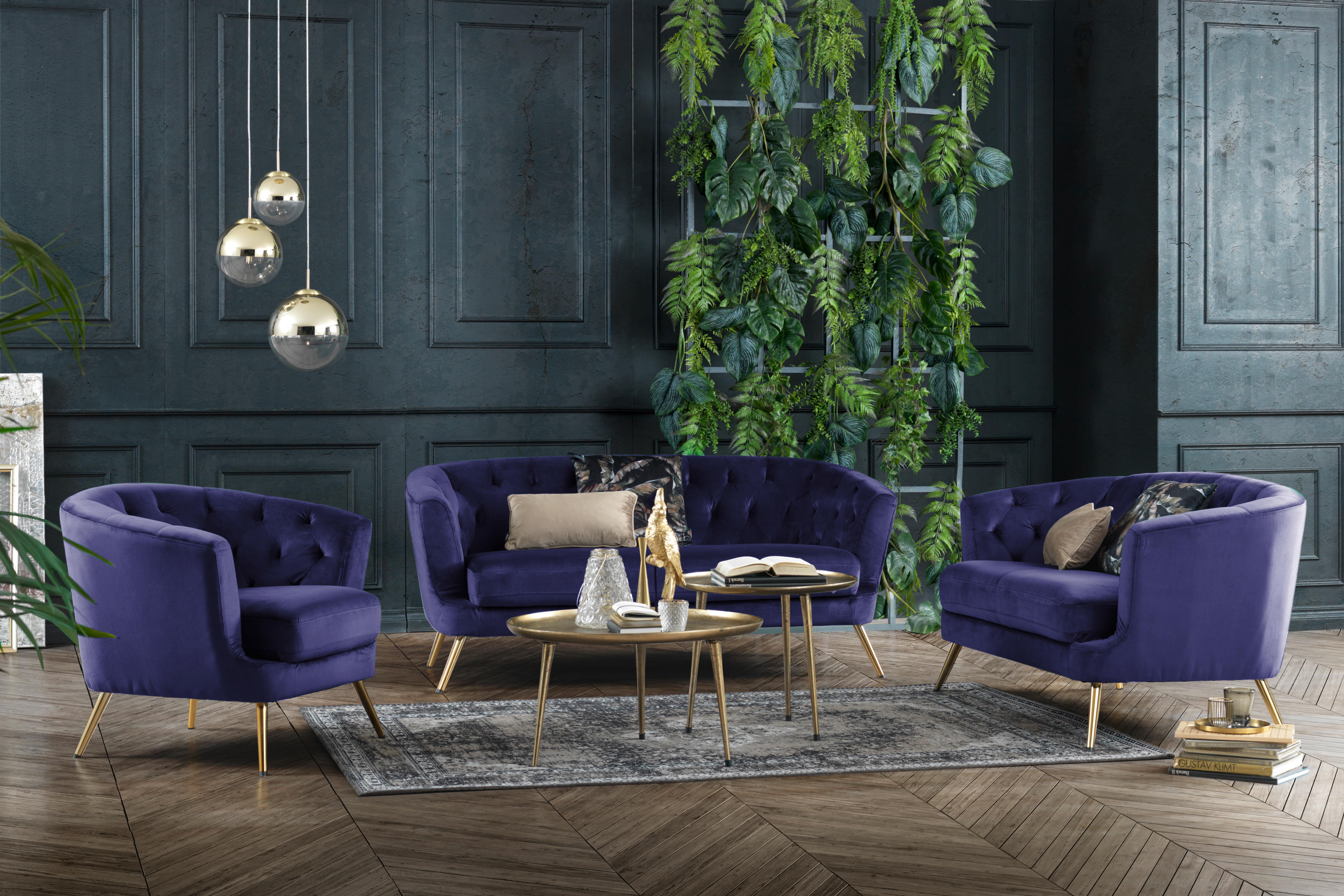 Trosed Lita, Modra, Žamet - zlate barve/modra, Moderno, kovina/tekstil (183/78/83cm) - Modern Living