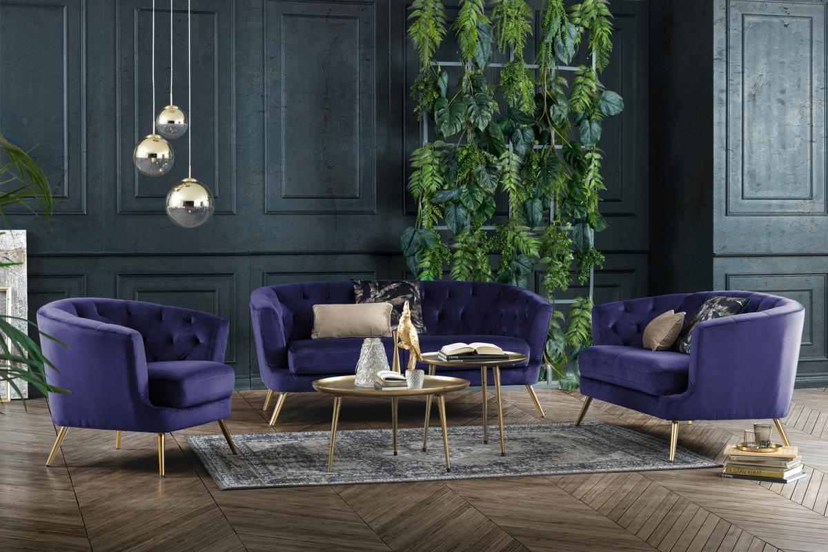 Fotelj Chesterfield Lita, Modra, Žamet - zlate barve/modra, Moderno, kovina/tekstil (89/78/83cm) - Modern Living