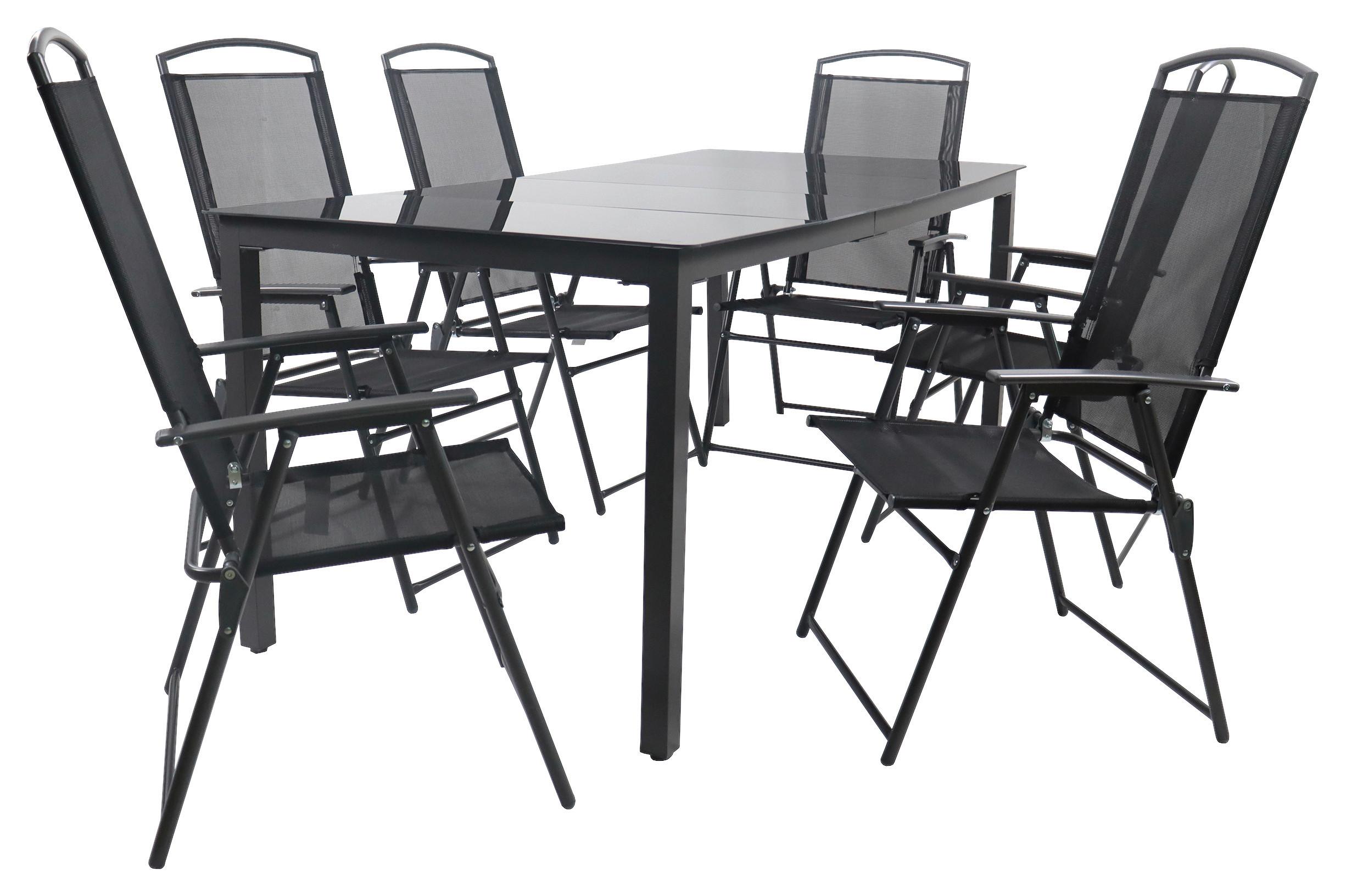 Gartentischgruppe Schwarz 7-teilig - Anthrazit/Schwarz, Basics, Glas/Textil - Gardenson