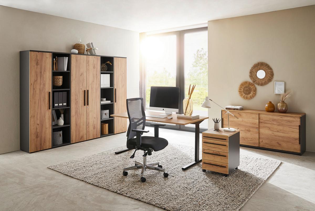 KONTENER NA KÓŁKACH RENTON - kolor dębowy/czarny, Modern, materiał drewnopochodny/tworzywo sztuczne (42/61/49cm) - Novel