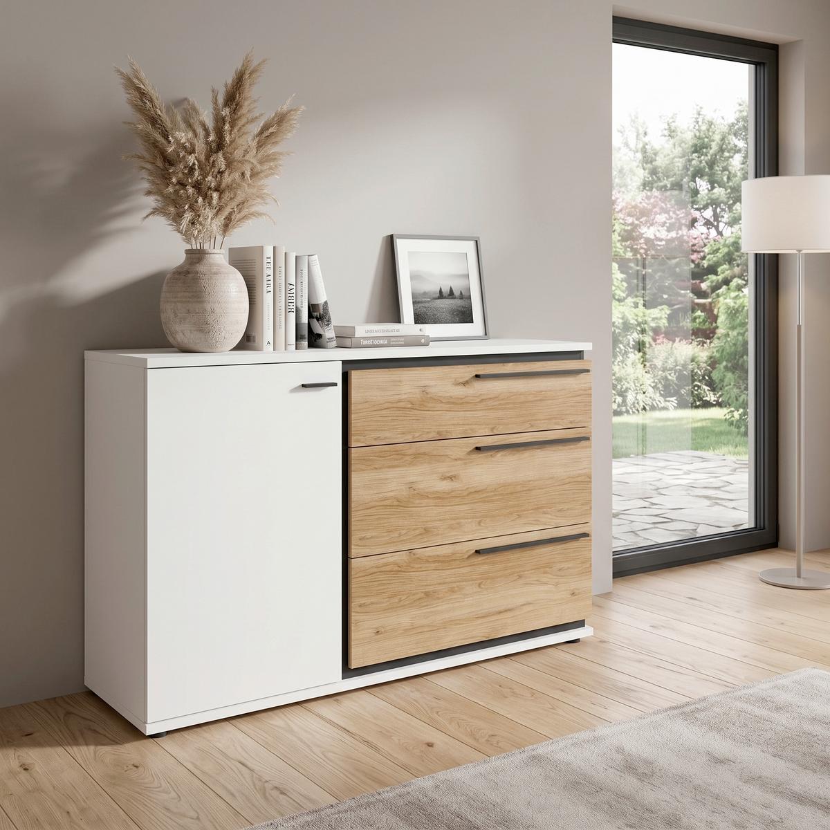 Comodă Salinas - alb/culoare lemn stejar, Trend, material pe bază de lemn (132,9/85/40cm) - Modern Living