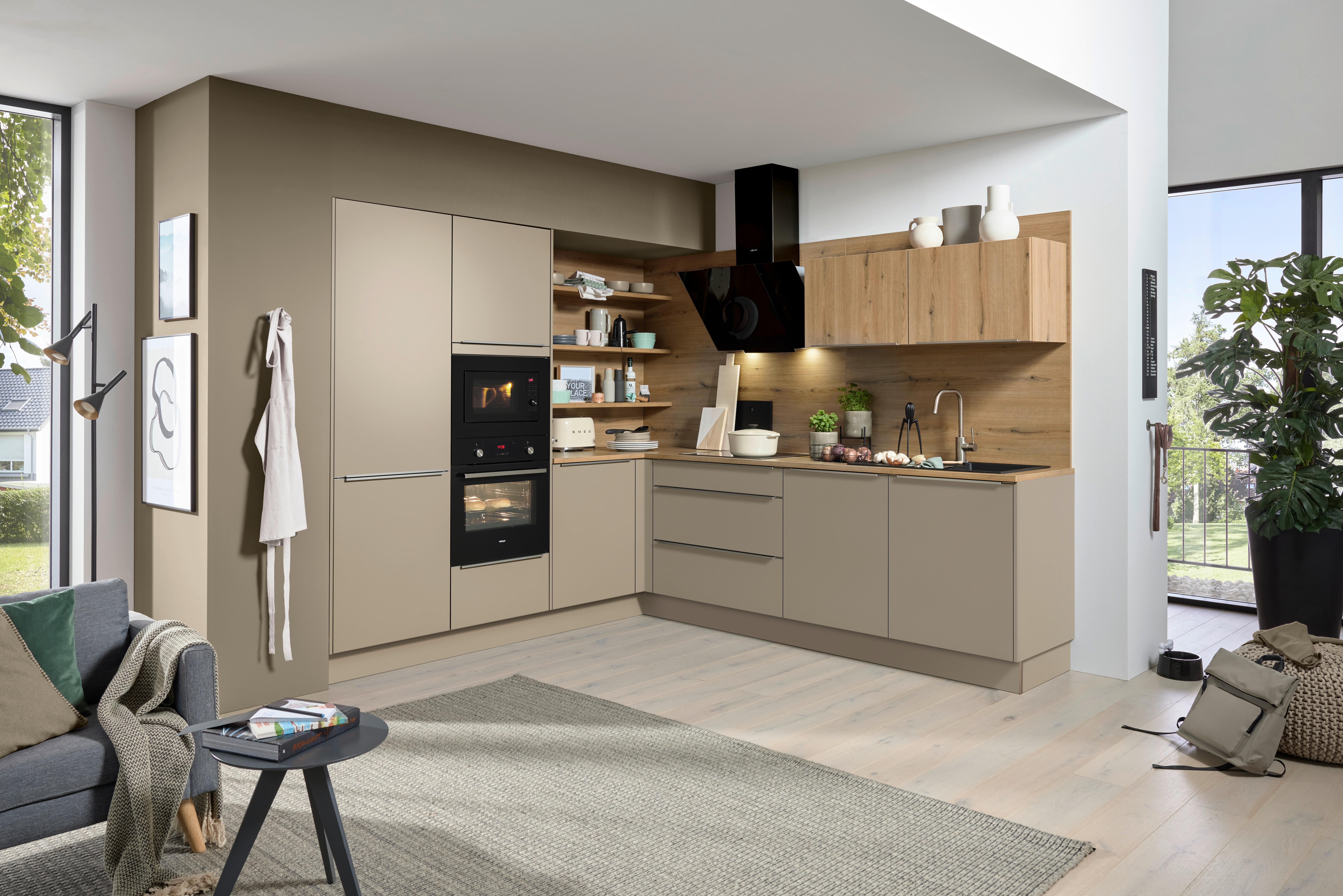 Eckküche Velutto/Manhattan ohne Geräte, ohne Zubehör - Edelstahlfarben/Eichefarben, MODERN, Holzwerkstoff/Metall (248,2/276,6cm) - Nolte Küchen