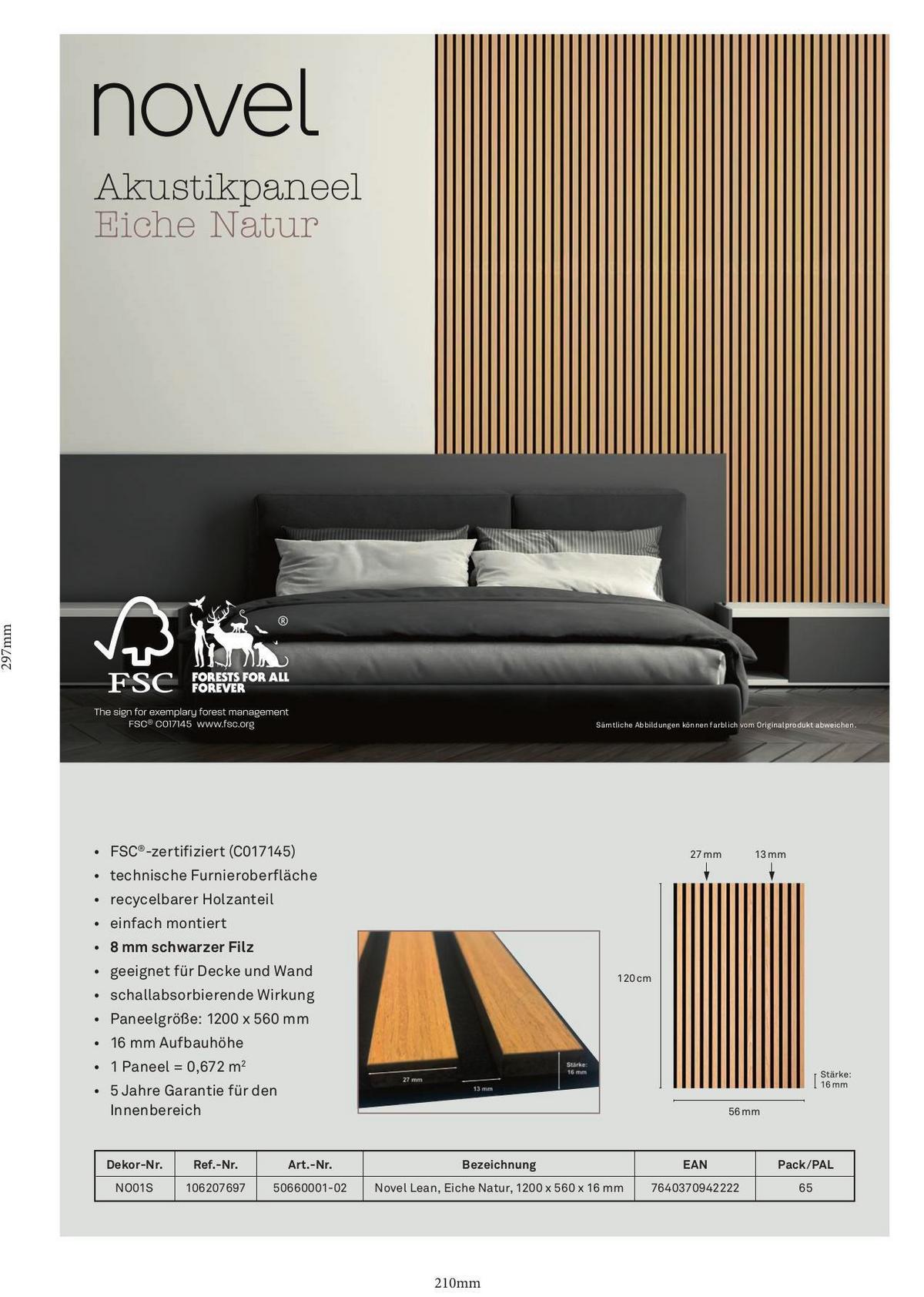 PANEL AKUSTYCZNY EICHE NATUR - kolor dębowy/dąb bianco, Konventionell, materiał drewnopochodny/tworzywo sztuczne (56/120cm) - Novel