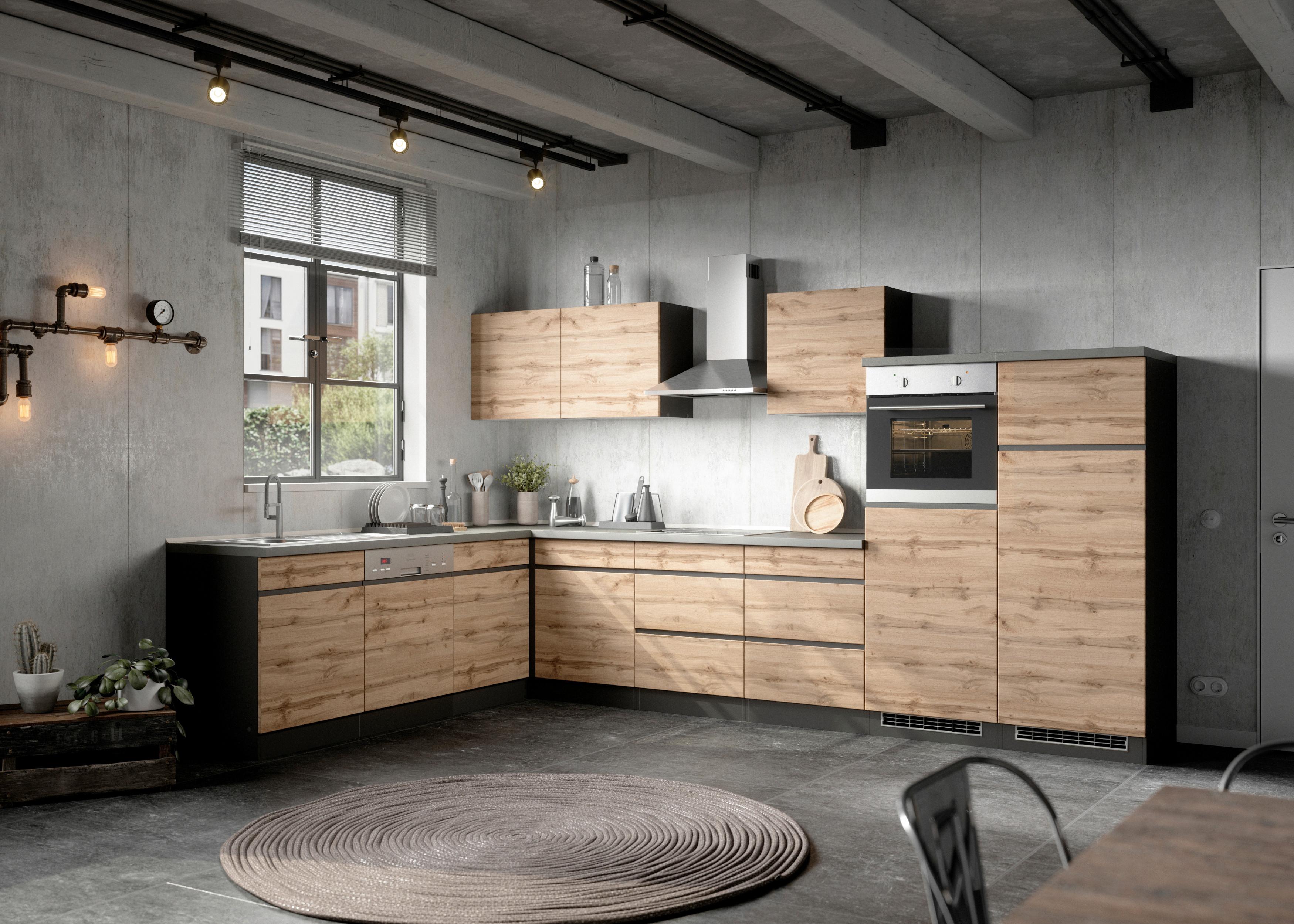 Eckküche Turin ohne Geräte ca. 360x240 cm Graphit/Eiche - Eiche Wotan, Design, Holzwerkstoff (360cm) - Held