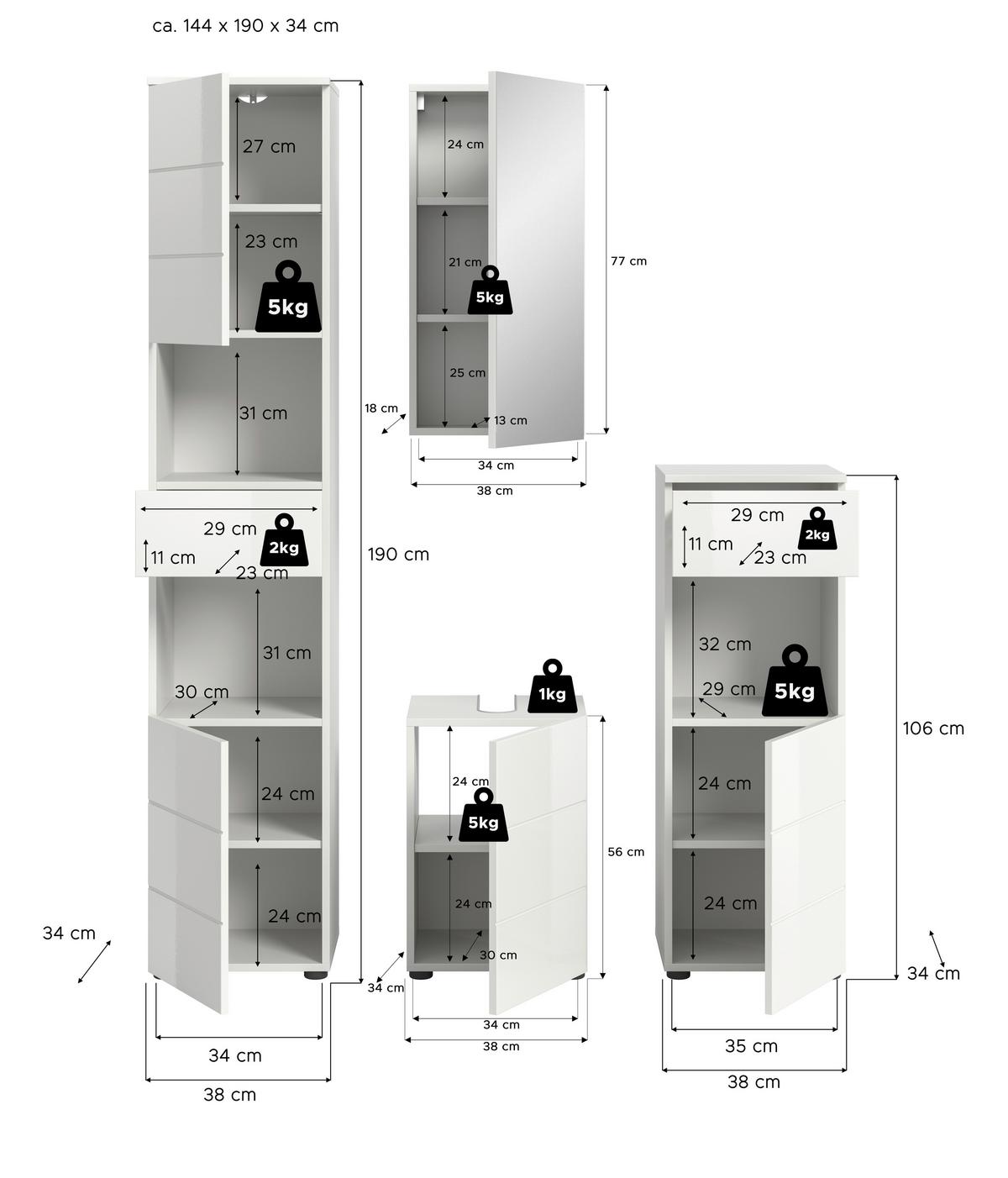 Badezimmer Vira 4-tlg. mit LED ca. 114 cm Weiß - Weiß Hochglanz/Schwarz, MODERN, Holzwerkstoff/Kunststoff (114cm) - MID.YOU