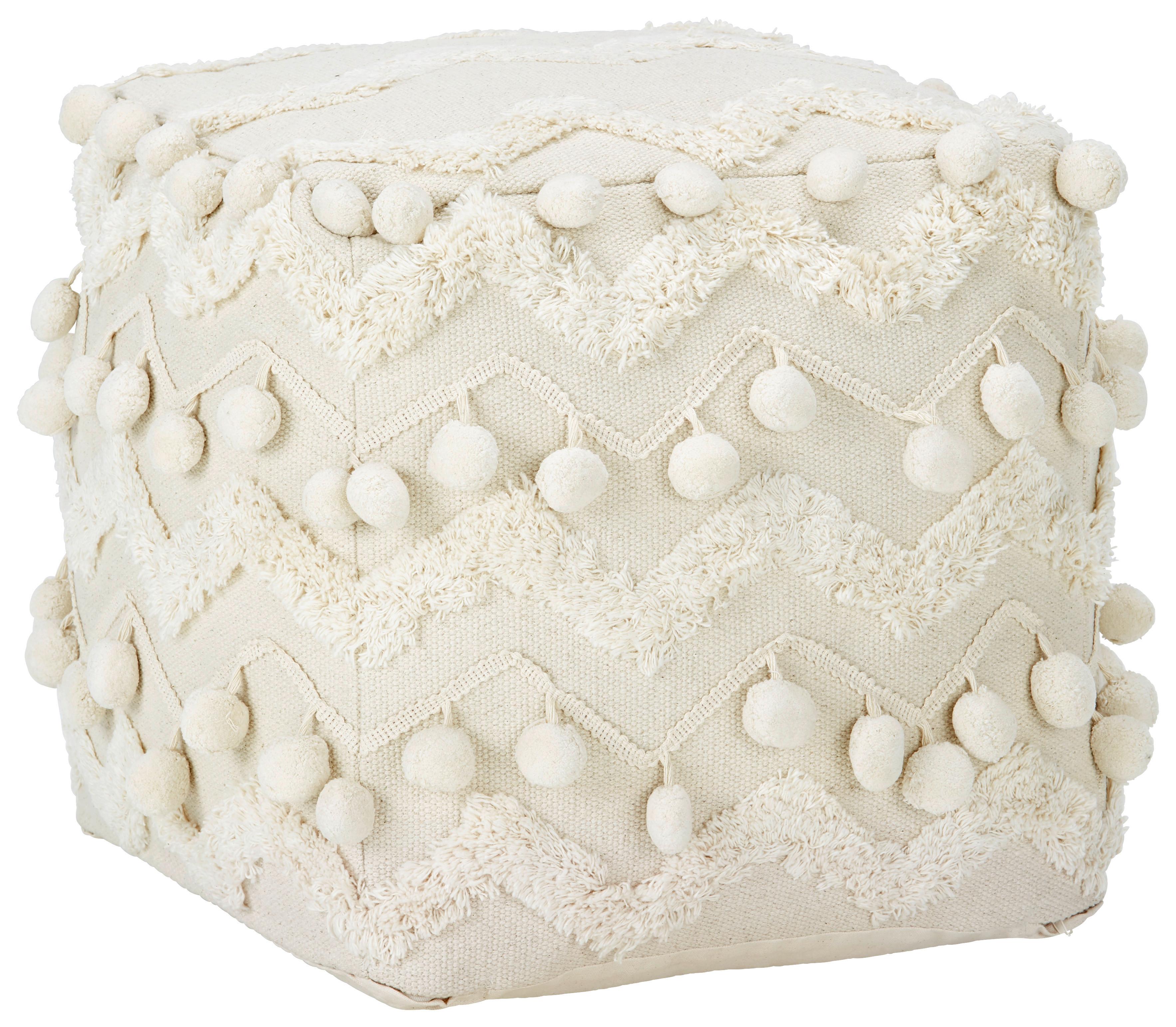 SITTPUFF POMPOM - cremefärgad, Romantik / Lanthus, textil (45/45/45cm) - Zandiara