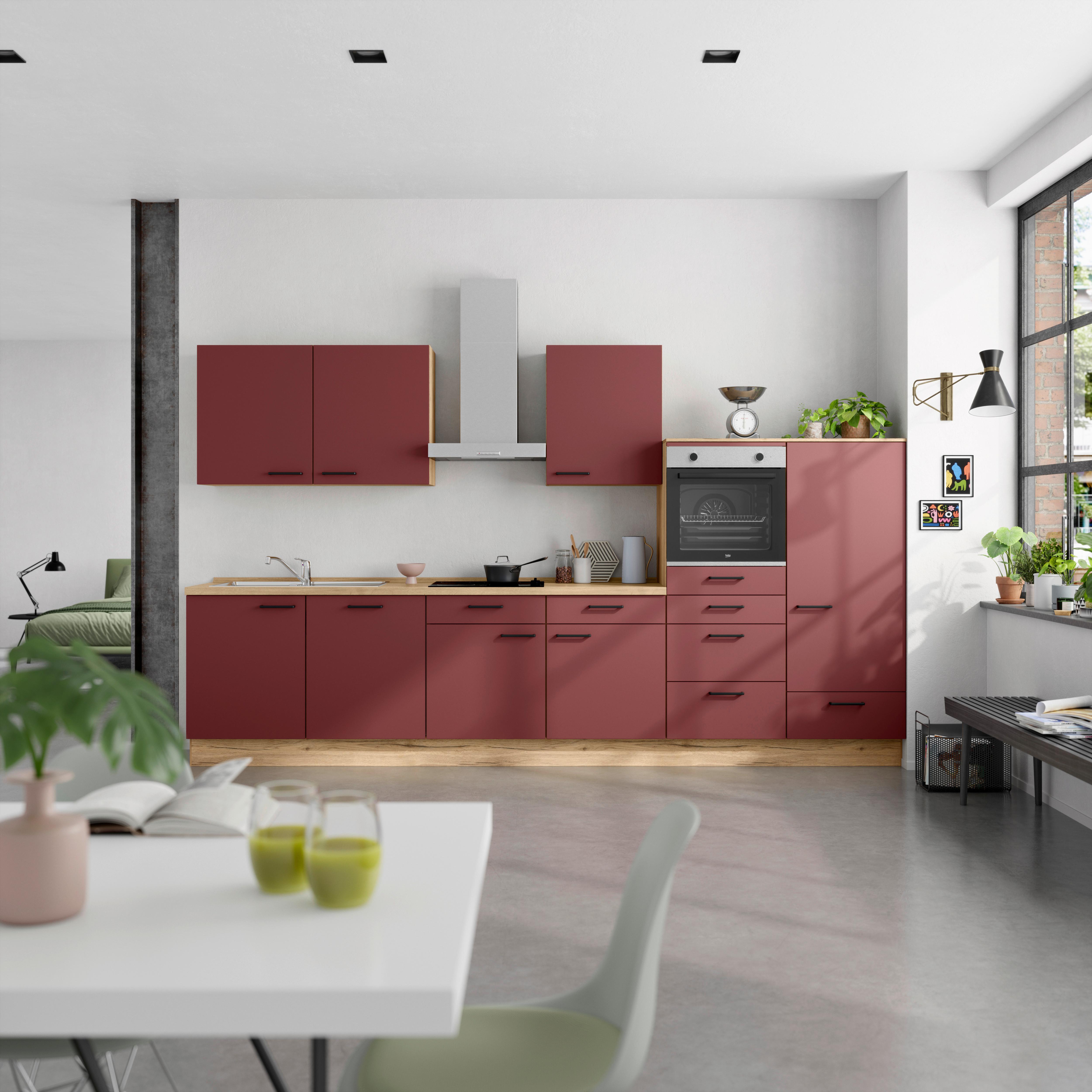 Küchenblock Easytouch Low m. Geräten Dunkelrot - Eichefarben/Schwarz, MODERN, Holzwerkstoff/Metall (360cm) - Nobilia