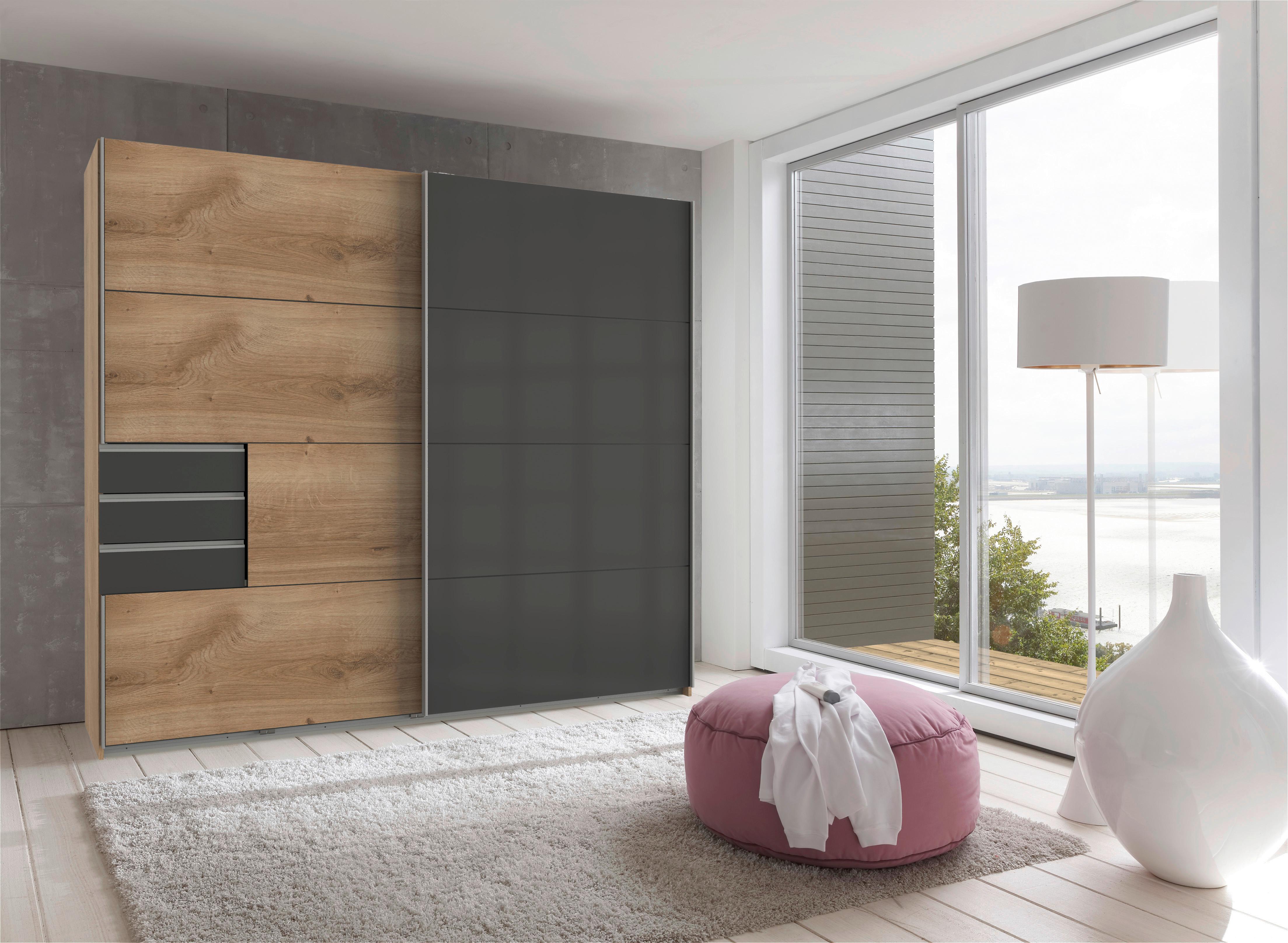 Schwebetürenschrank Saigon ca. 225x210 cm Graphit/Eiche - Eichefarben/Alufarben, Basics, Holzwerkstoff/Metall (225/210/64cm) - MID.YOU