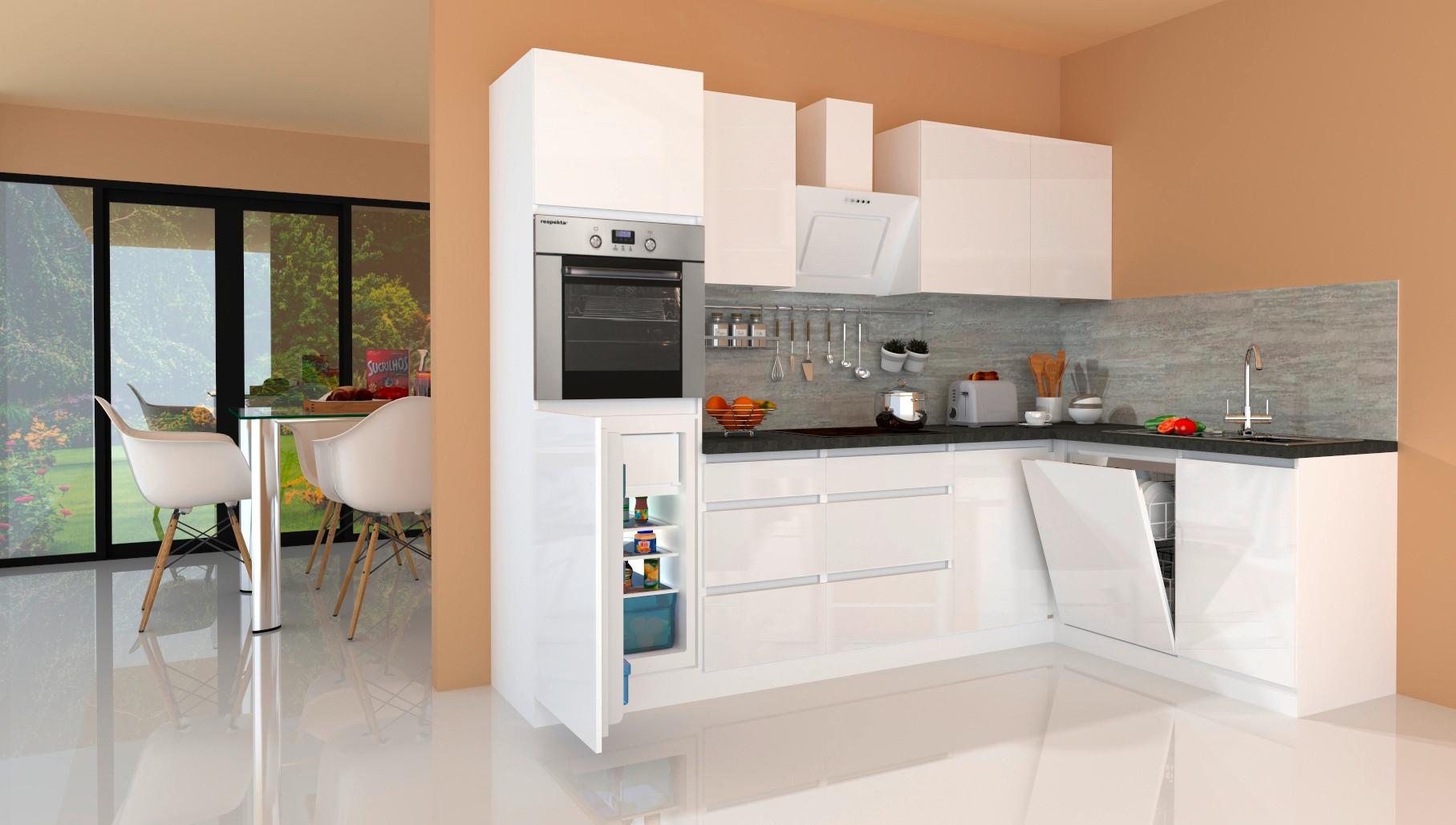 Eckküche Premium Weiß Hochglanz ca. 280x172 cm - Weiß/Grau, MODERN, Holzwerkstoff (280/172cm) - Respekta