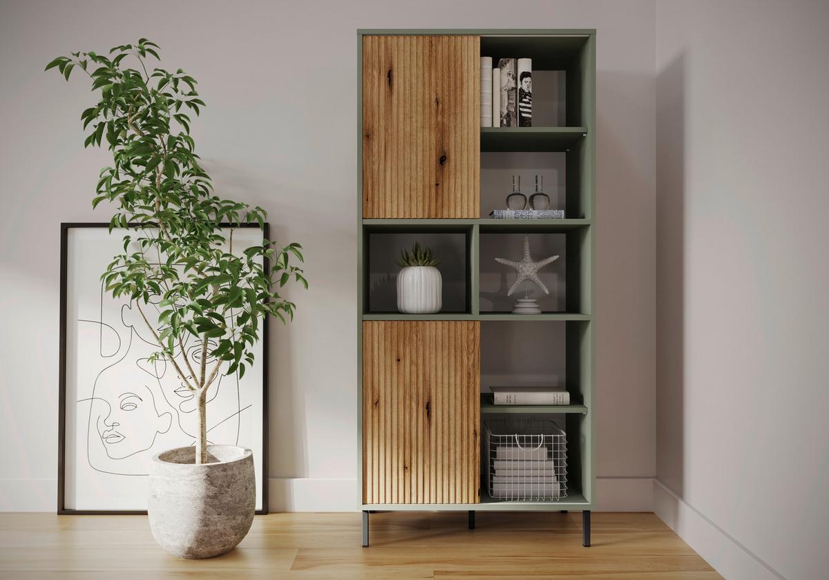 Etajeră POZZI - culoare lemn stejar/verde gri, Trend, material pe bază de lemn (75/162,8/40cm) - Modern Living