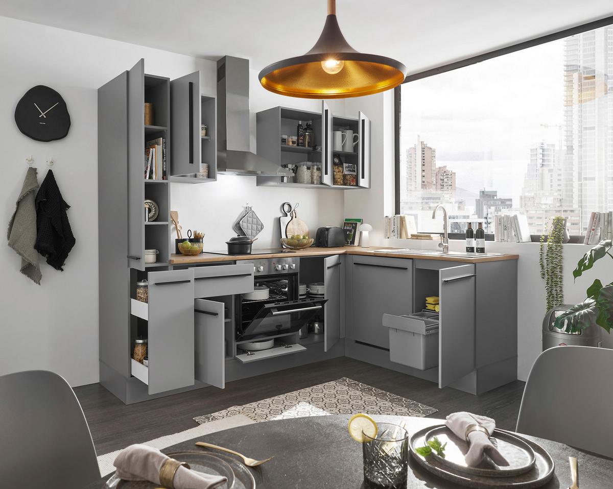 Eckküche Denver mit Geräten ca. 250x175 cm Grau/Eiche - Eichefarben/Schwarz, Design, Holzwerkstoff/Kunststoff (250/175cm) - P & B