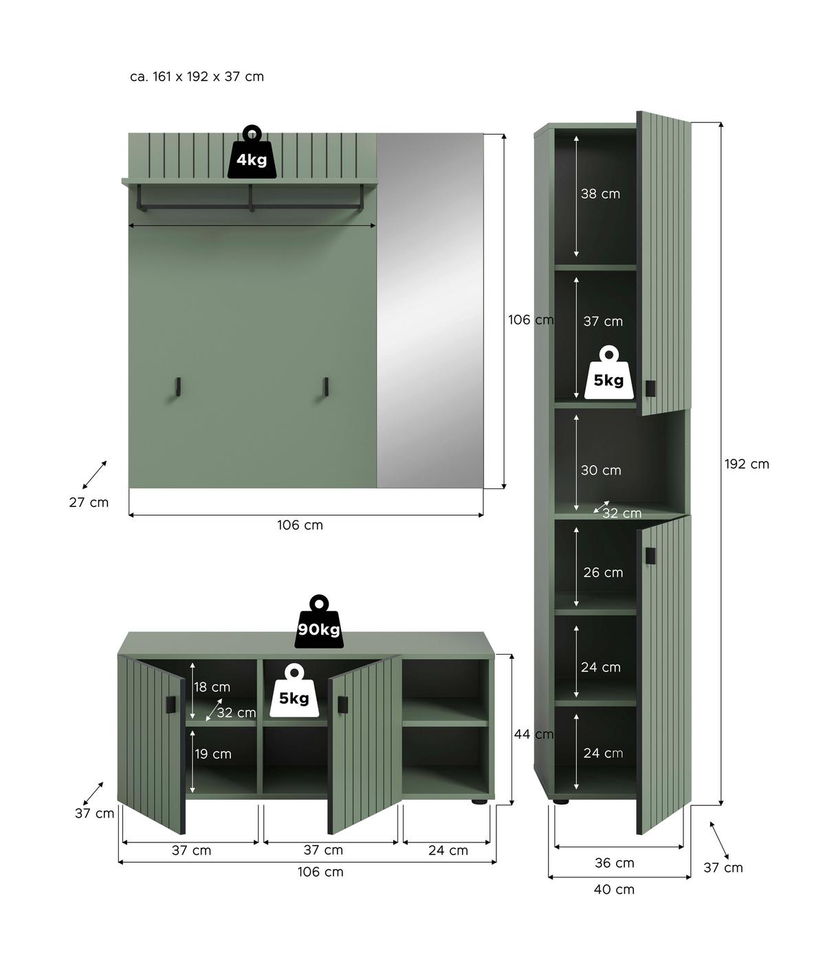 Predsoba Station, Sivozelena, 3-Delna - sivozelena, Design, leseni material (161/192/37cm) - MID.YOU