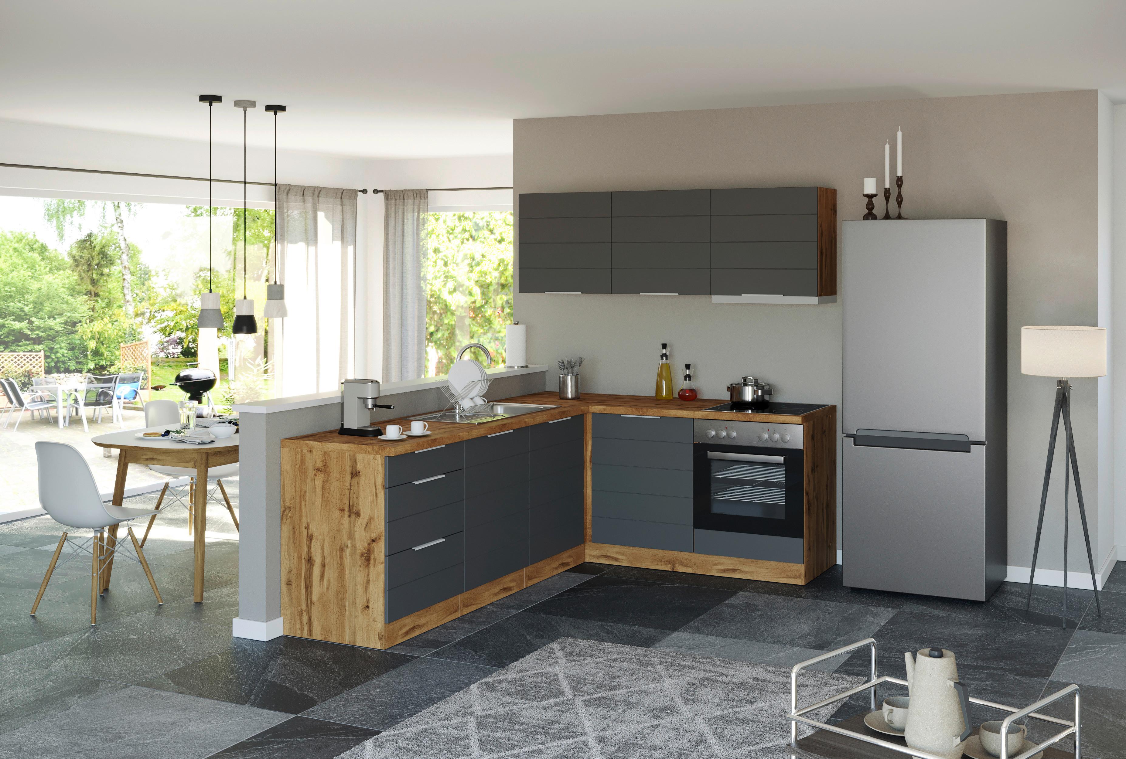 Eckküche Florenz mit Geräten ca. 240x180 cm Grau/Eiche - Eiche Wotan/Grau, Design, Holzwerkstoff/Metall (240/180cm) - Held