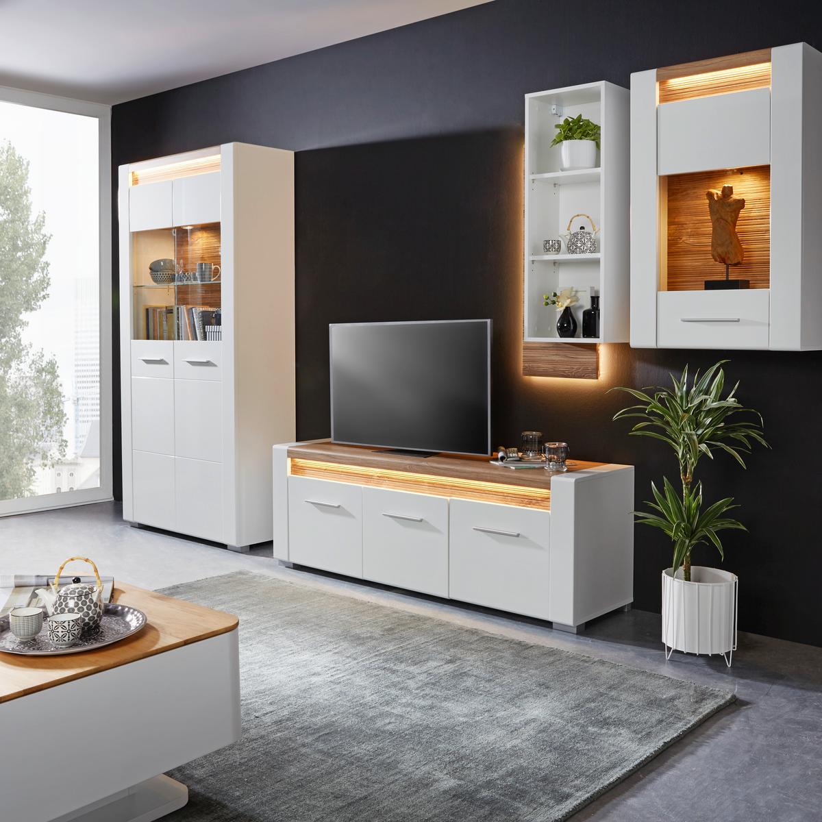 Vitrine in Weiß Hochglanz - Chromfarben/Eichefarben, MODERN, Glas/Holzwerkstoff (100/201/40cm) - Mömax