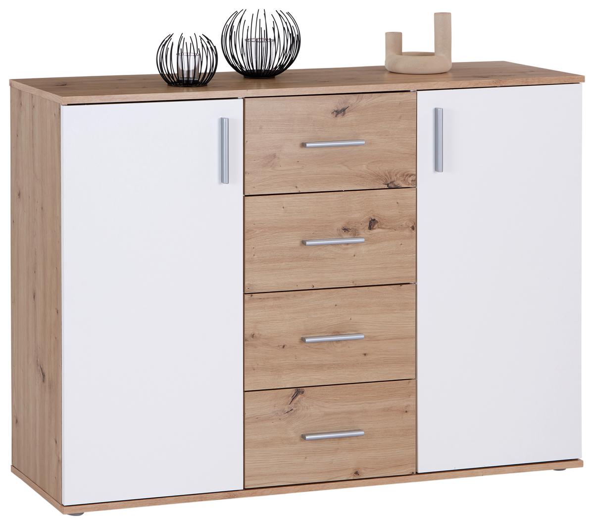 Komoda Ina 03, Barva Hrasta, Bela - bela/barve aluminija, Moderno, umetna masa/leseni material (132/94,8/38,3cm) - Mömax