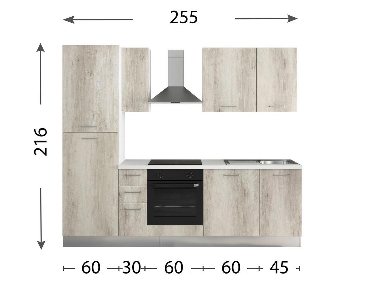 Küchenzeile Gardena m. Geräten Eiche - Eiche Bianco/Alufarben, MODERN, Holzwerkstoff/Kunststoff (255/88/216cm) - MID.YOU