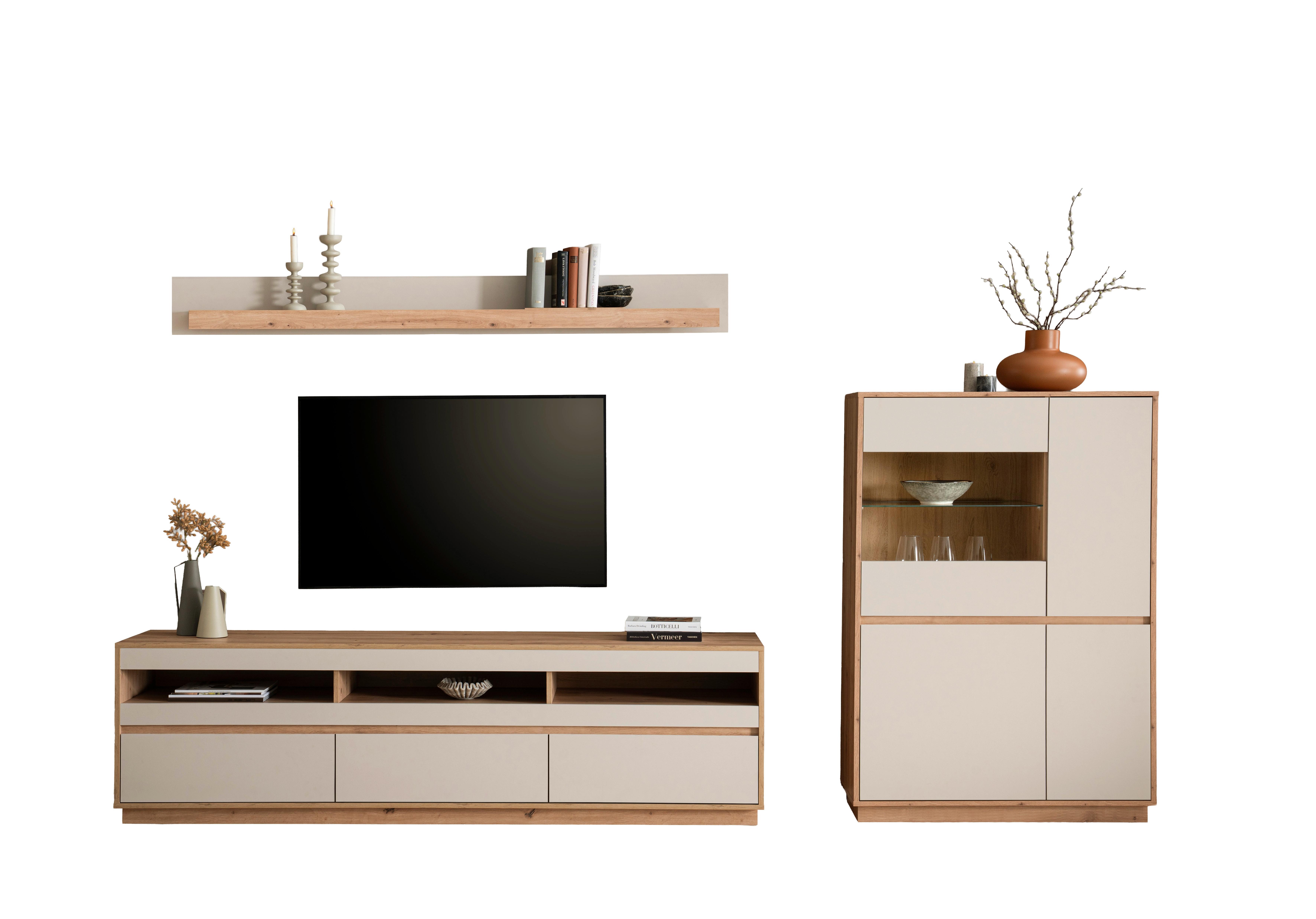 WOHNWAND SONORA - Kaschmir/Eiche Artisan, Design, Glas/Holzwerkstoff (292/205/40cm) - MID.YOU