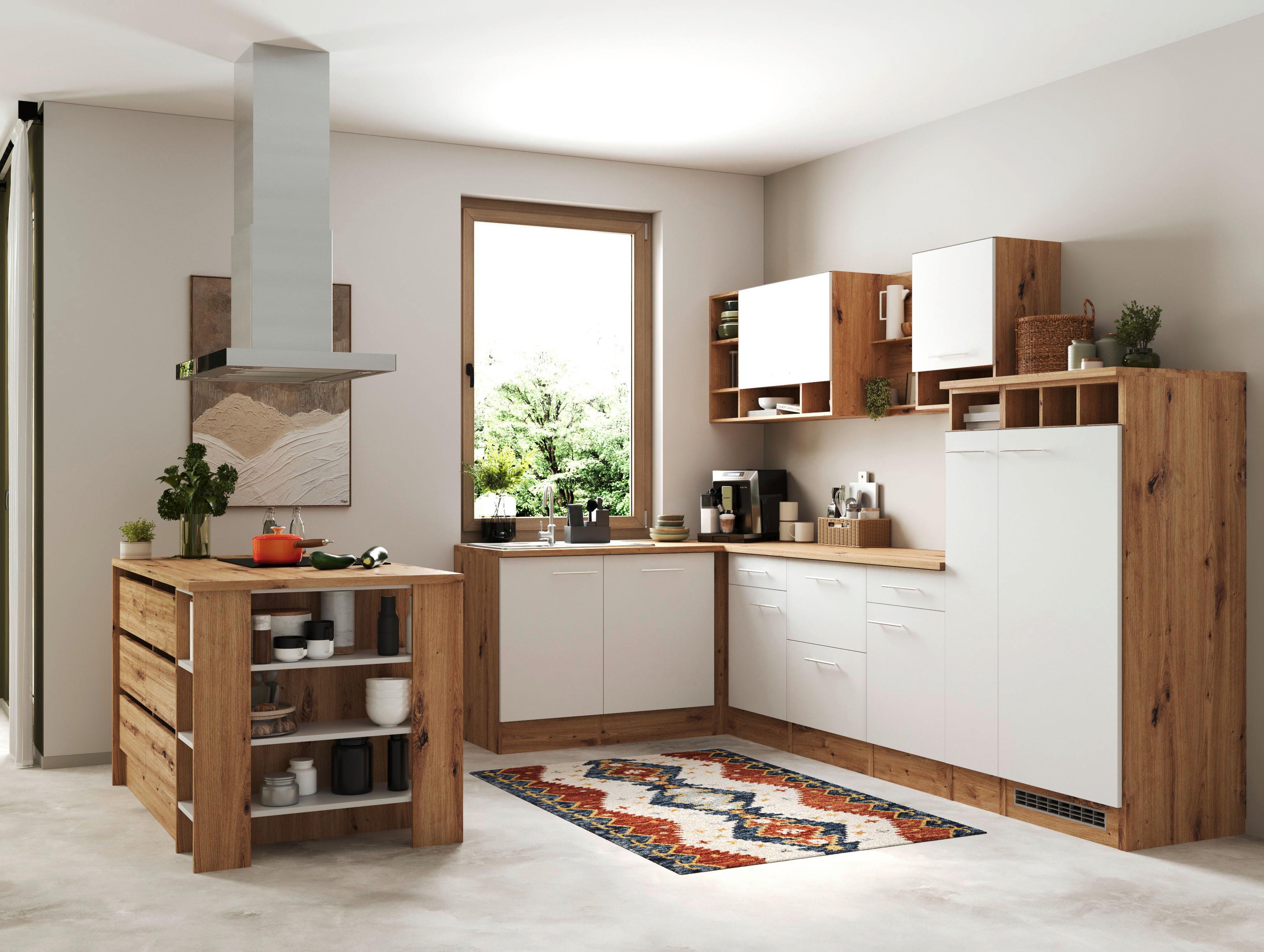 Küchenblock Hilde m. Insel m. Geräten ca.310cm Eiche/Weiß - Wildeiche/Alufarben, Design, Holzwerkstoff/Metall (310-150cm) - Respekta