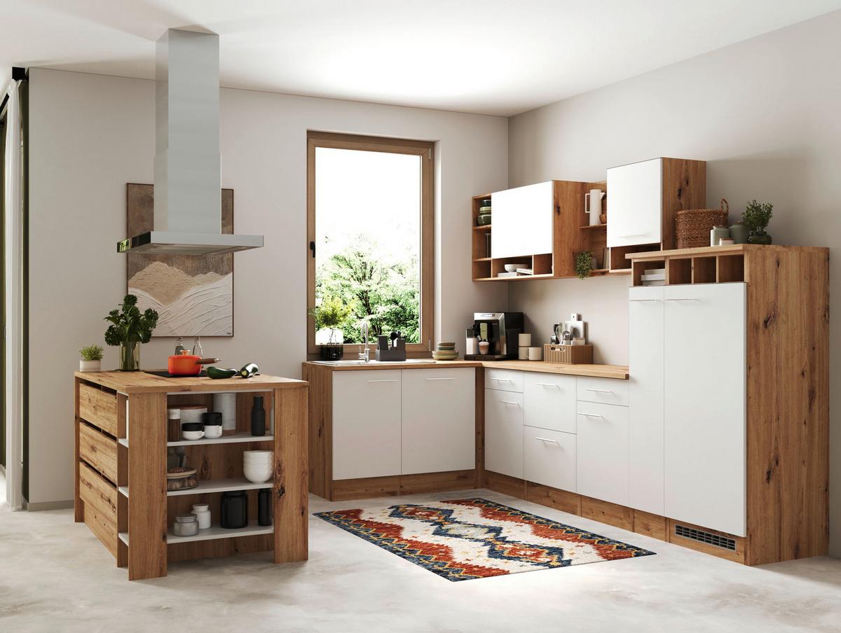 Küchenblock Hilde m. Insel m. Geräten ca.310cm Eiche/Weiß - Wildeiche/Alufarben, Design, Holzwerkstoff/Metall (310-150cm) - Respekta