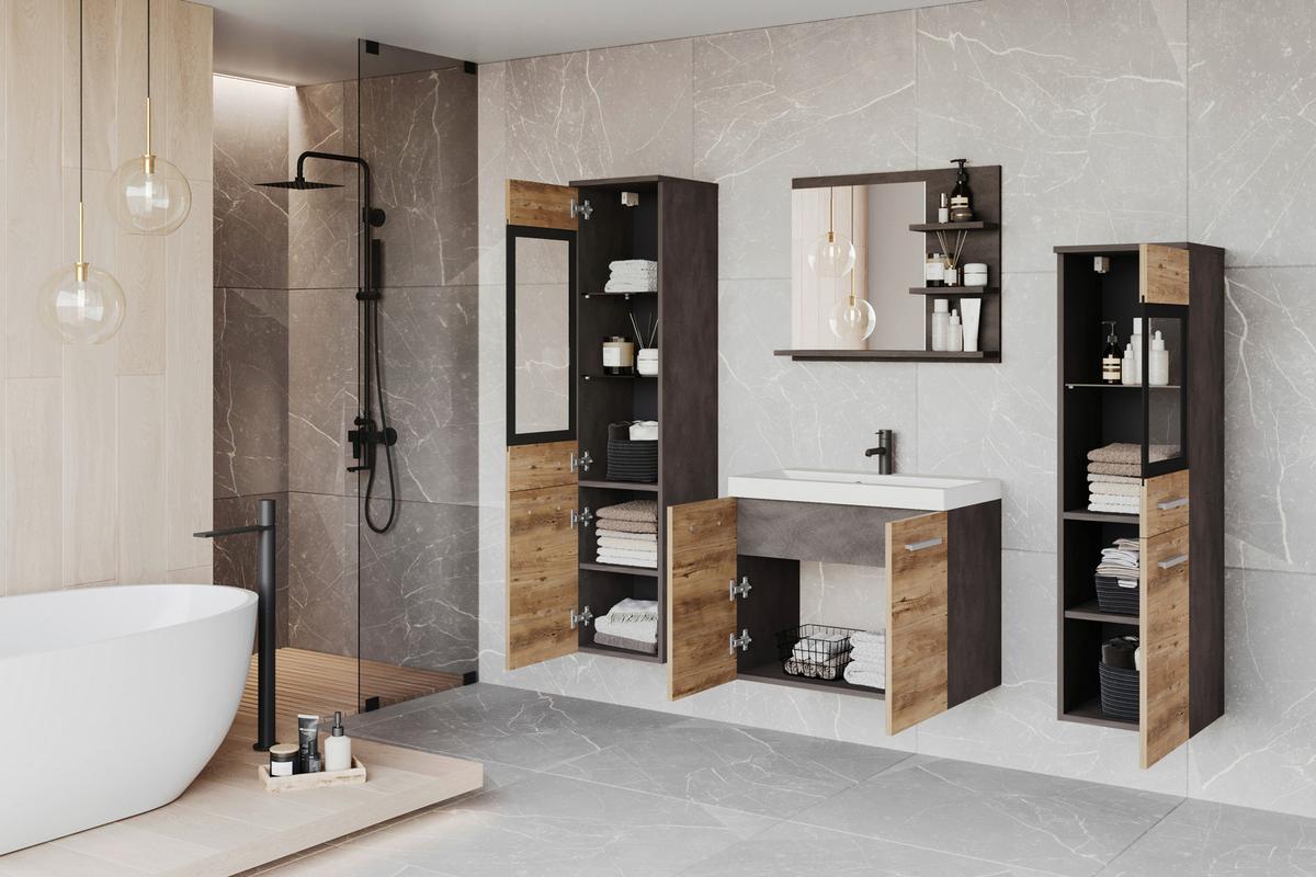 Badmöbel-Set 5-tlg. Madrit mit LED ca. 120 cm Kastanieneiche - Kastanieneichefarben/Anthrazit, LIFESTYLE, Glas/Keramik (120,4/131,5/34,5cm) - P & B